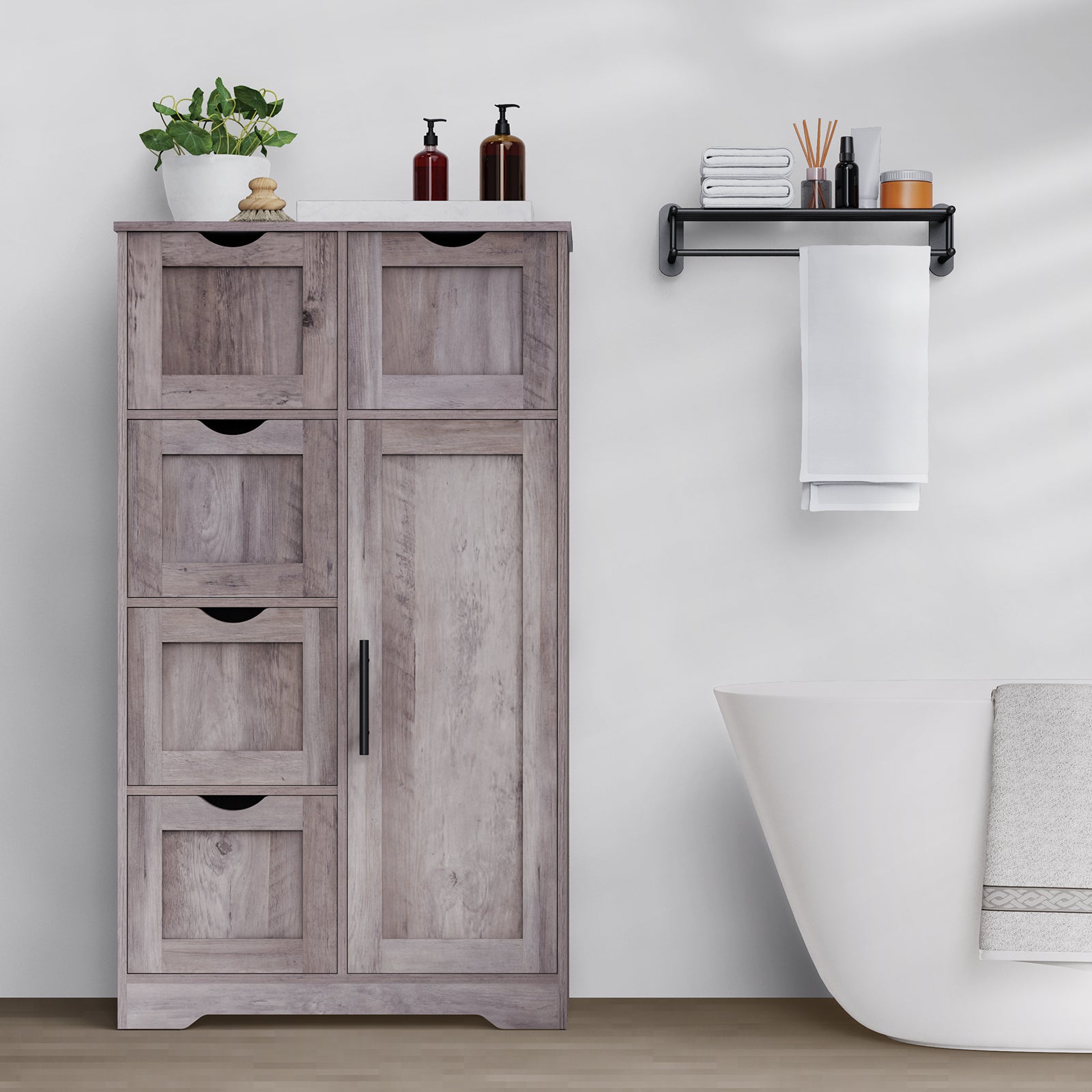 Bathroom Storage Cabinet with Storage 5 Drawers and 1 Door, Entryway Cabinet with Adjustable Shelf Grey