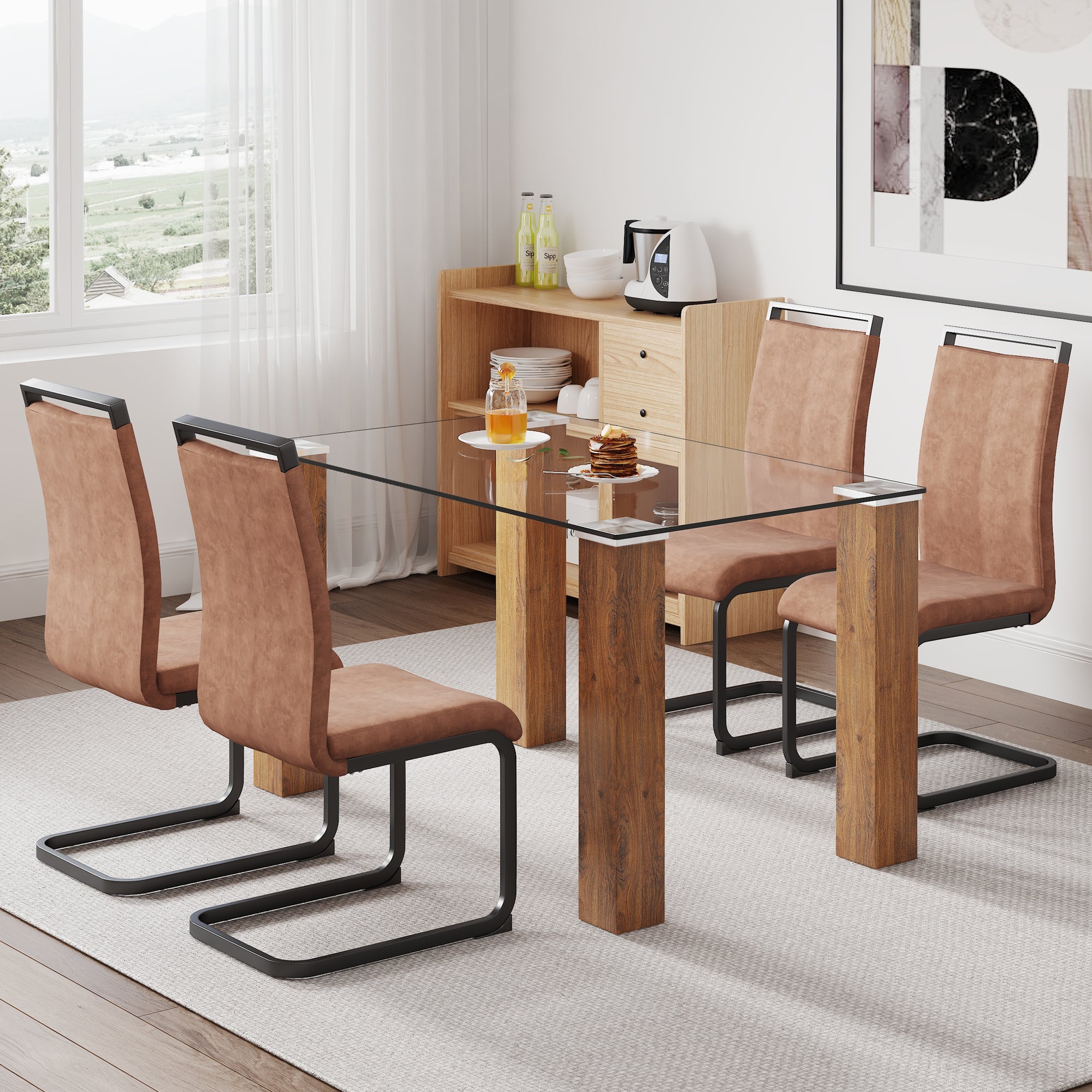 Modern minimalist rectangular dining table Glass desktop and wooden MDF table legs