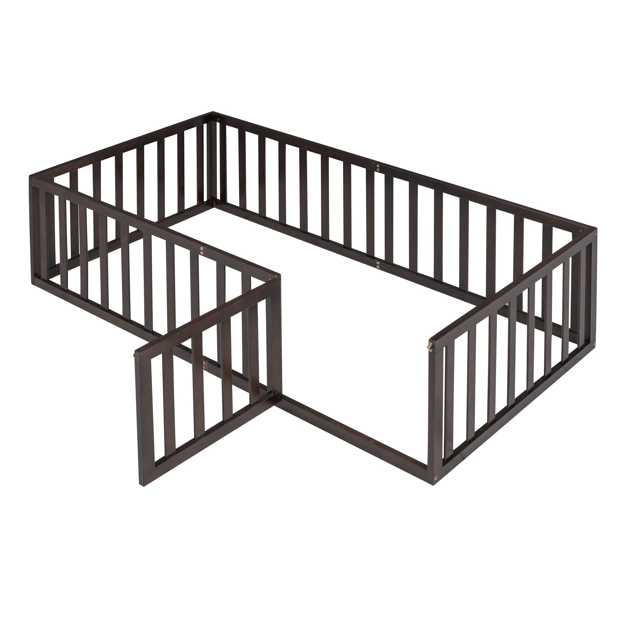 Twin Size Wood Floor Bed Frame with Fence and Door Walnut(OLD SKU :WF289661AAL)