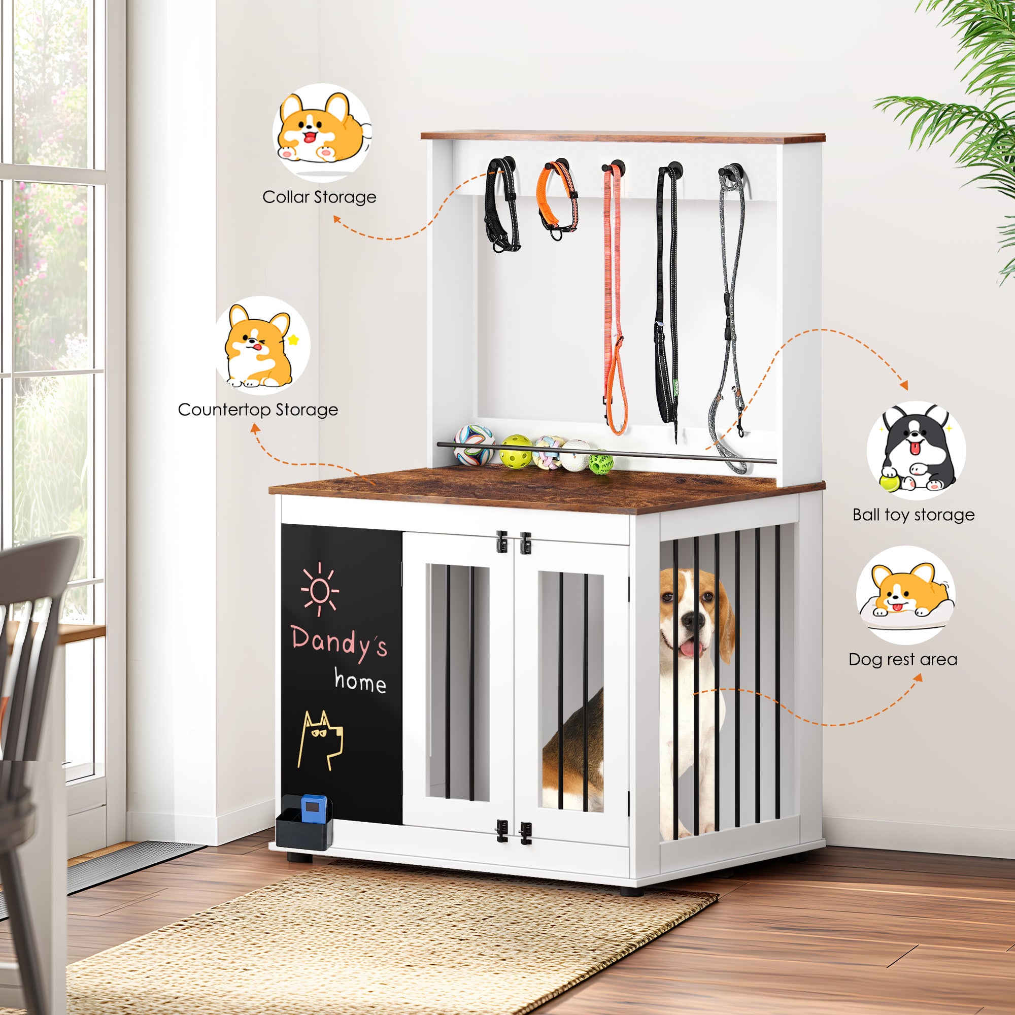 Dog crate,Graffiti dog cage, kennel with double doors, crate interior furniture, heavy wooden dog cage, large dog, white