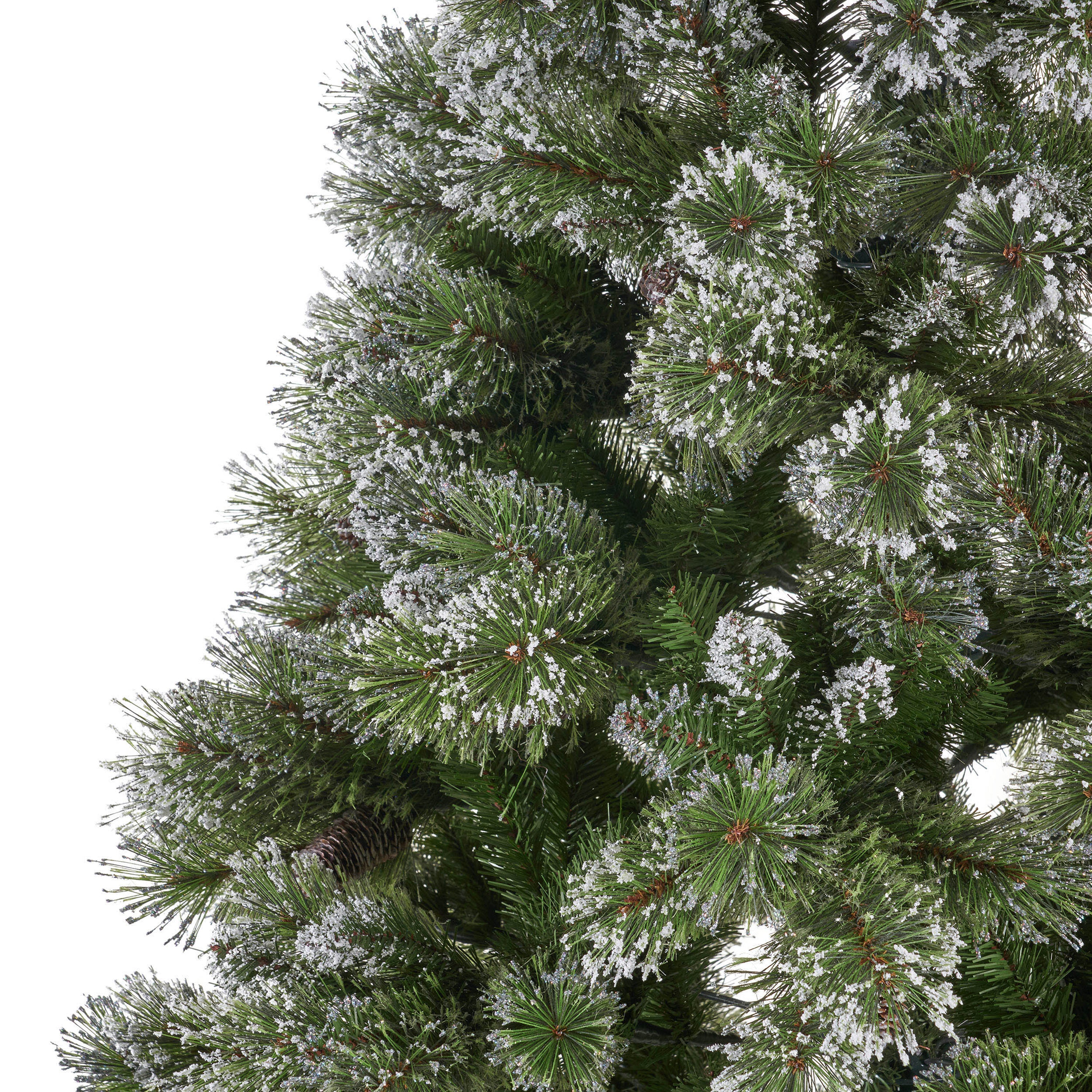 7.5' Brilste Mixed Hinged Tree with Snow and Glitter and 86 Frosted Pine Cones and Dia:52