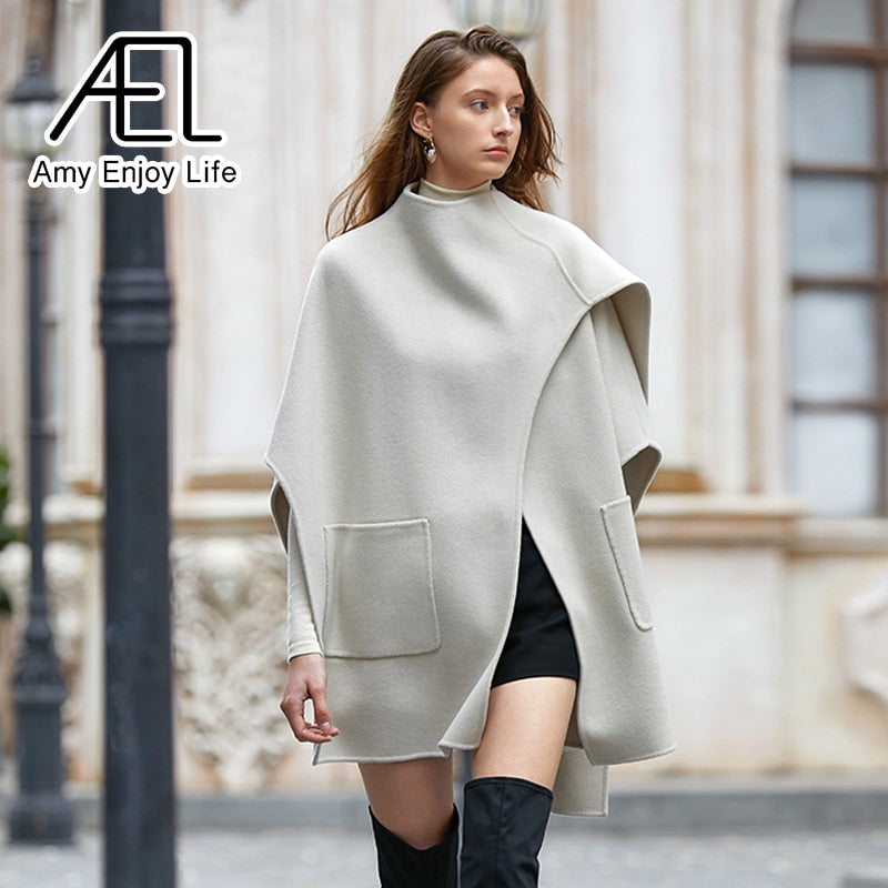 Casual Irregular Loose Women Woolen Coats Autumn Winter Cloak Female Blend Coat Streetwear