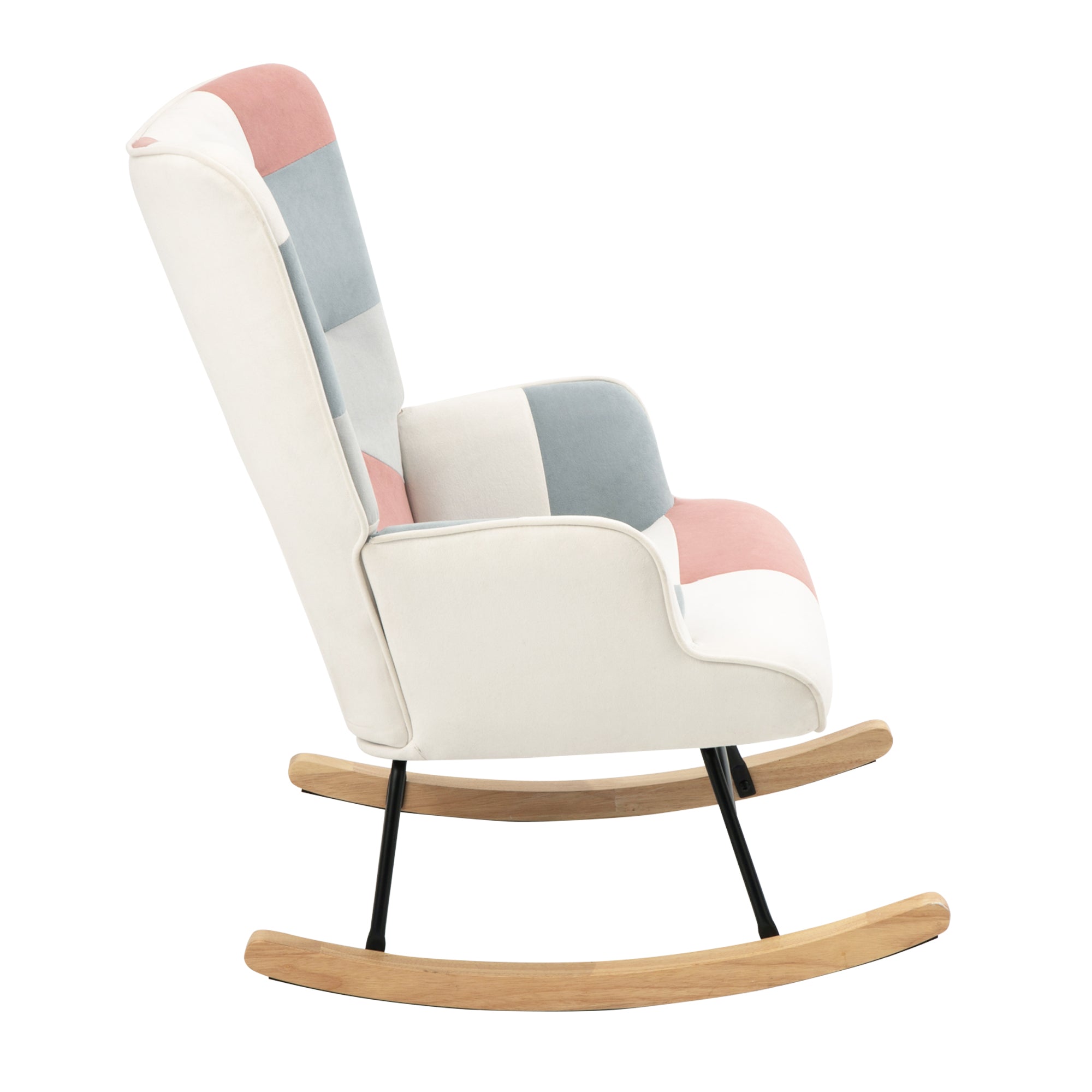 Rocking Chair with ottoman, Mid Century Fabric Rocker Chair with Wood Legs and Patchwork Linen for Livingroom Bedroom