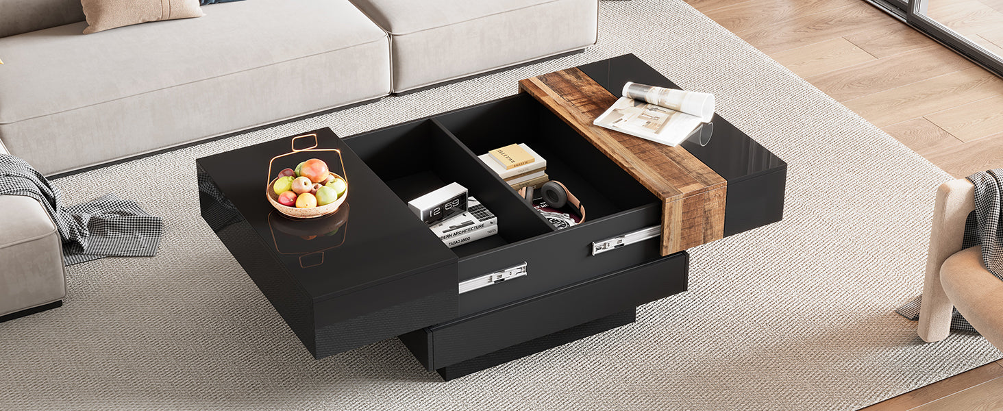 ON-TRANS 31.4 inches x 31.4 inches with sliding tabletop, high gloss center table, hidden storage room black