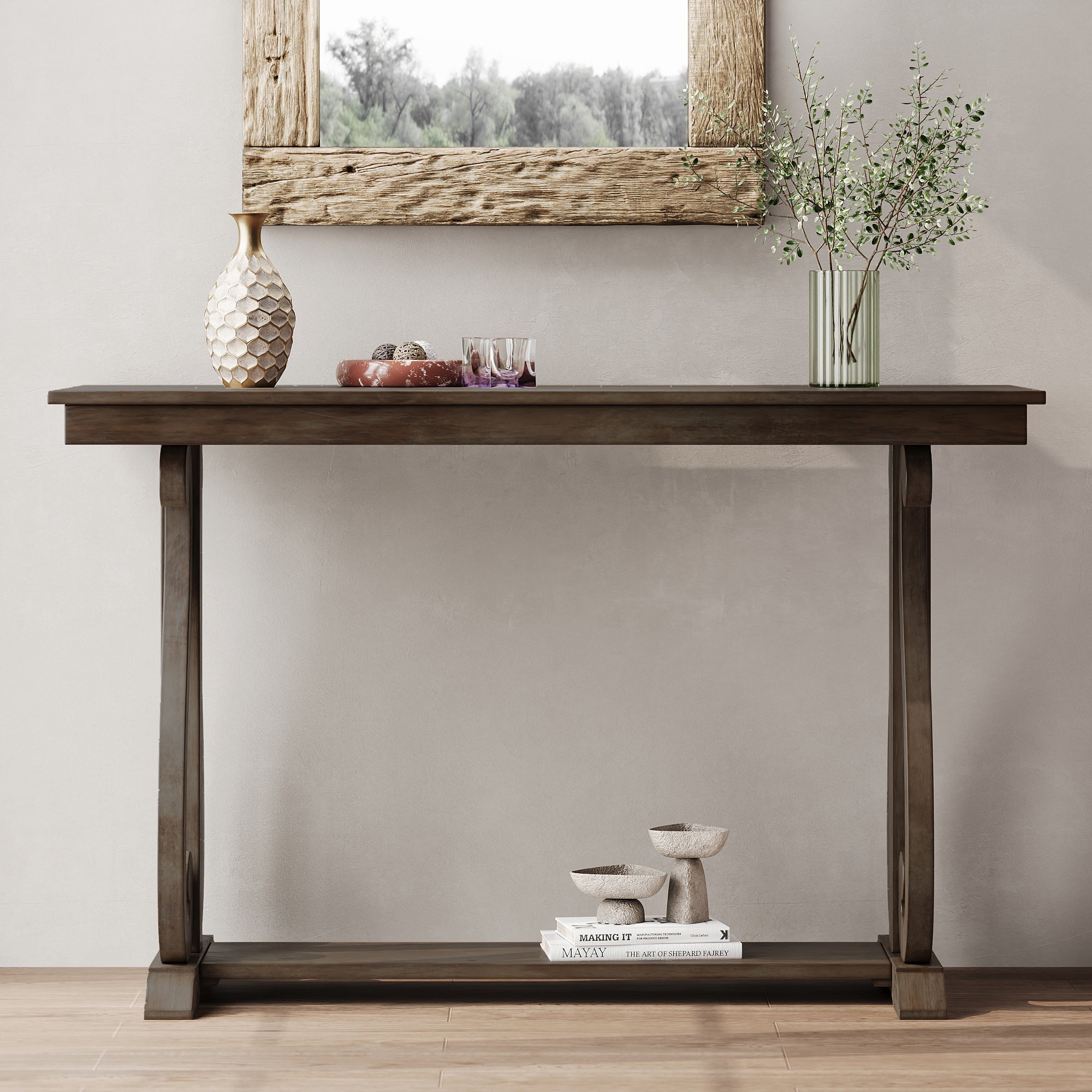 48-Inch Rustic Vintage Console Table --- Farmhouse Style Entryway Table with Open Shelf and Sturdy Construction (Walnut)