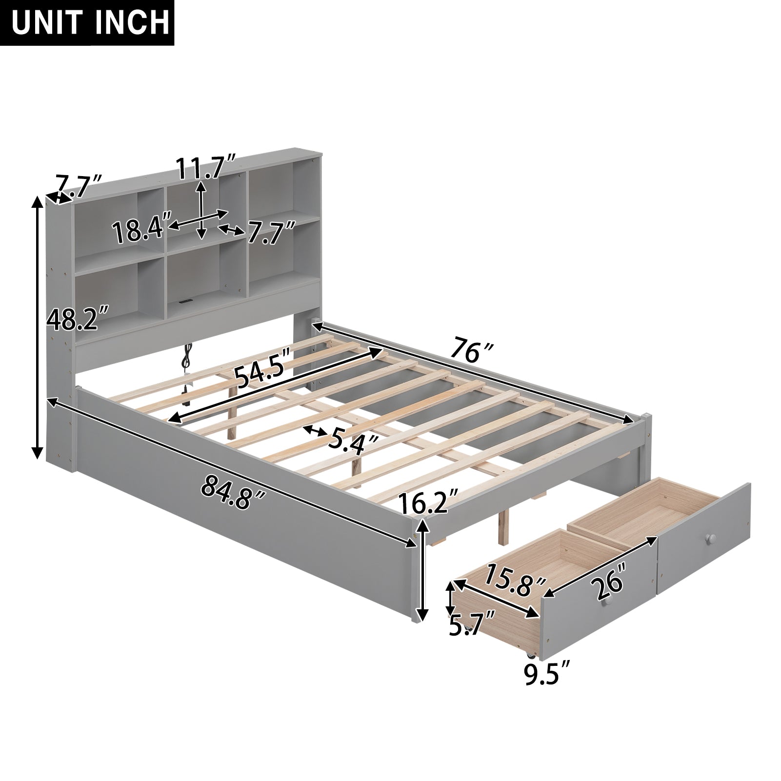 Full Size Platform Bed with Storage Headboard, Charging Station and 2 Drawers, Gray