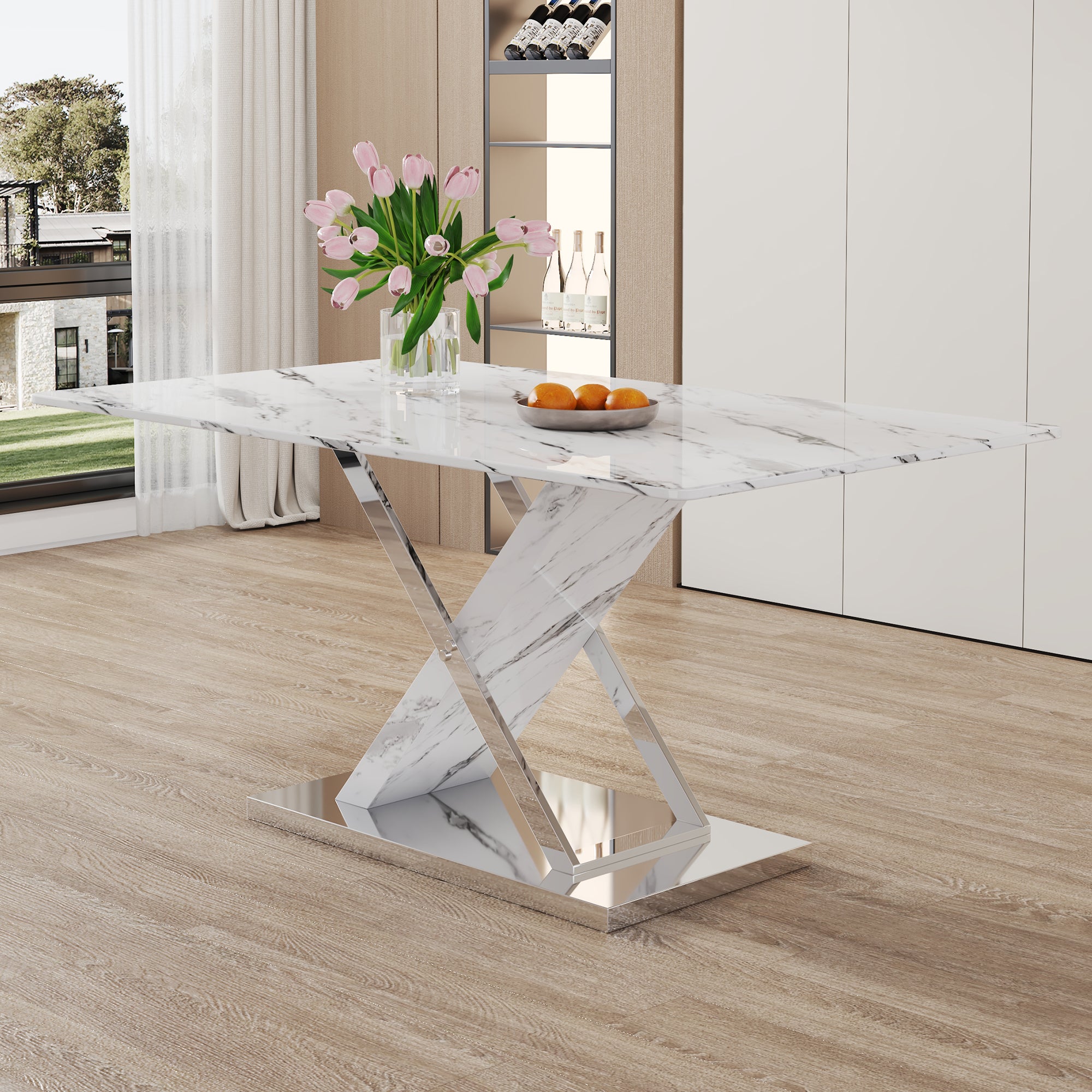 Modern white rectangular marble textured glass dining table and office desk Equipped with stainless steel base