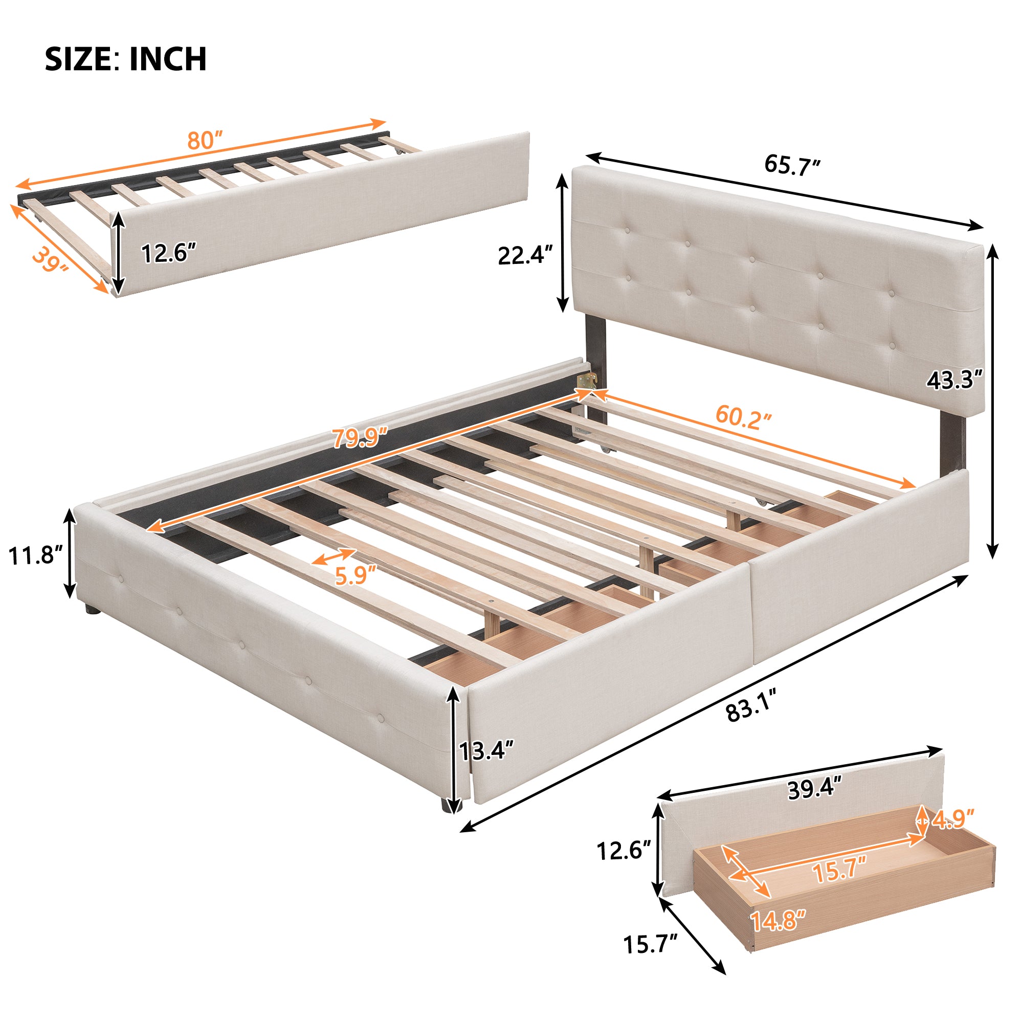 Upholstered Platform Bed with 2 Drawers and 1 Twin XL Trundle Linen Fabric Queen Size - Dark Beige