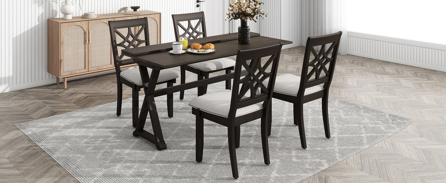 TOPMAX 5-piece set of 62 * 35.2-inch retractable dining table with two 8.8-inch consoles and deep walnut padded dining chairs