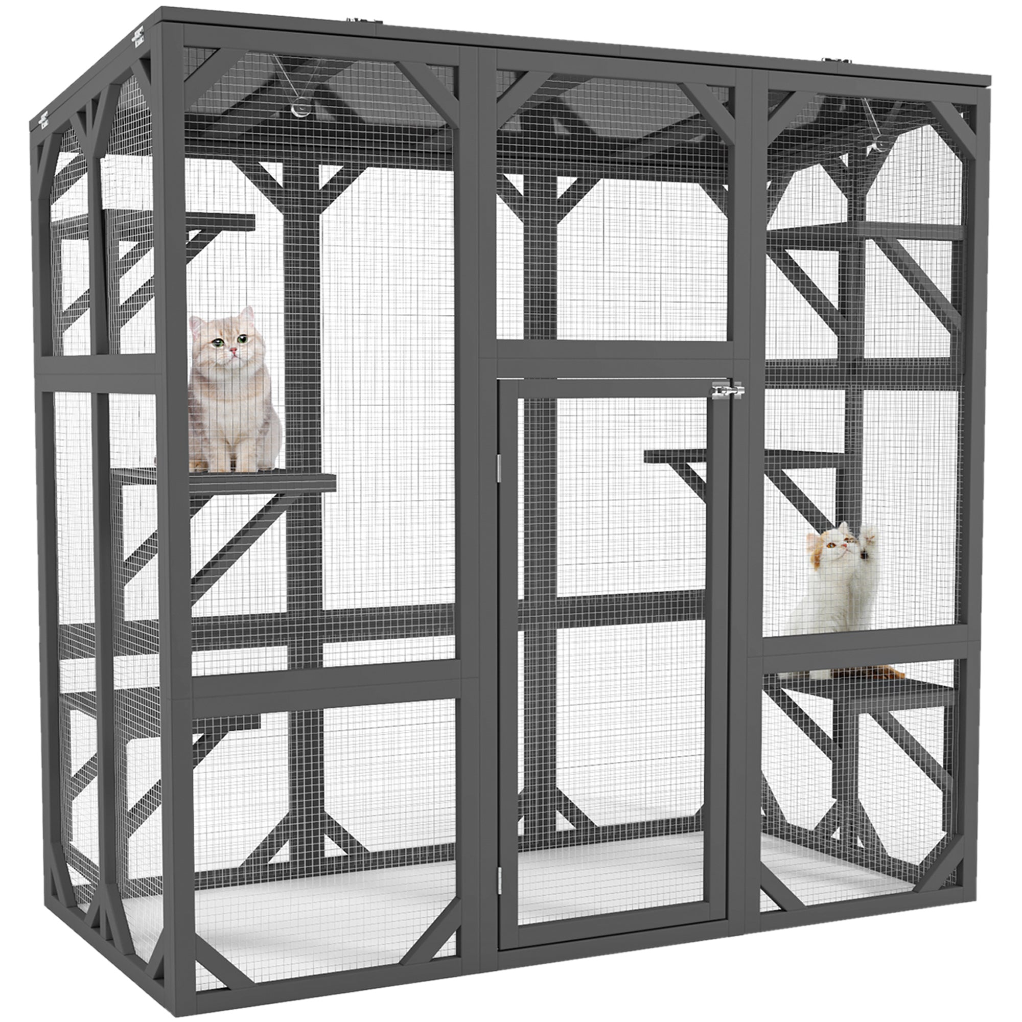 Catio Outdoor Cat Fence Cat House Wooden Cat Cage Six Platforms Large Entrance Door, Waterproof Roof 60 inches Grey