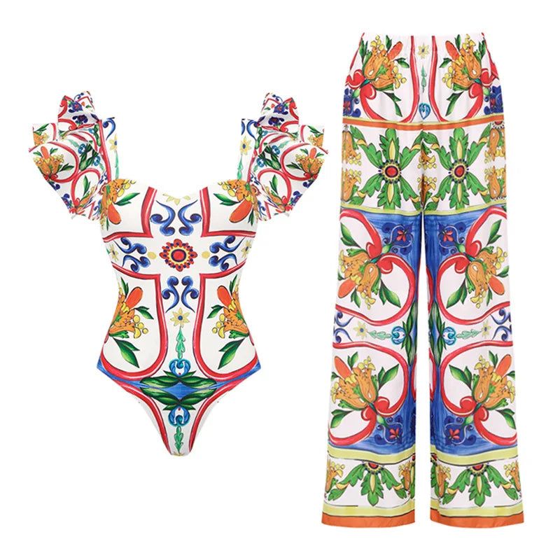 New Women's Lotus Edge Enamel Print Beach Vacation One Piece Swimwear Set