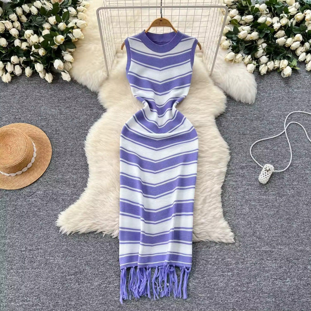 Women's high-end round neck new sleeveless striped knitted dress with unique base and hip hugging long skirt
