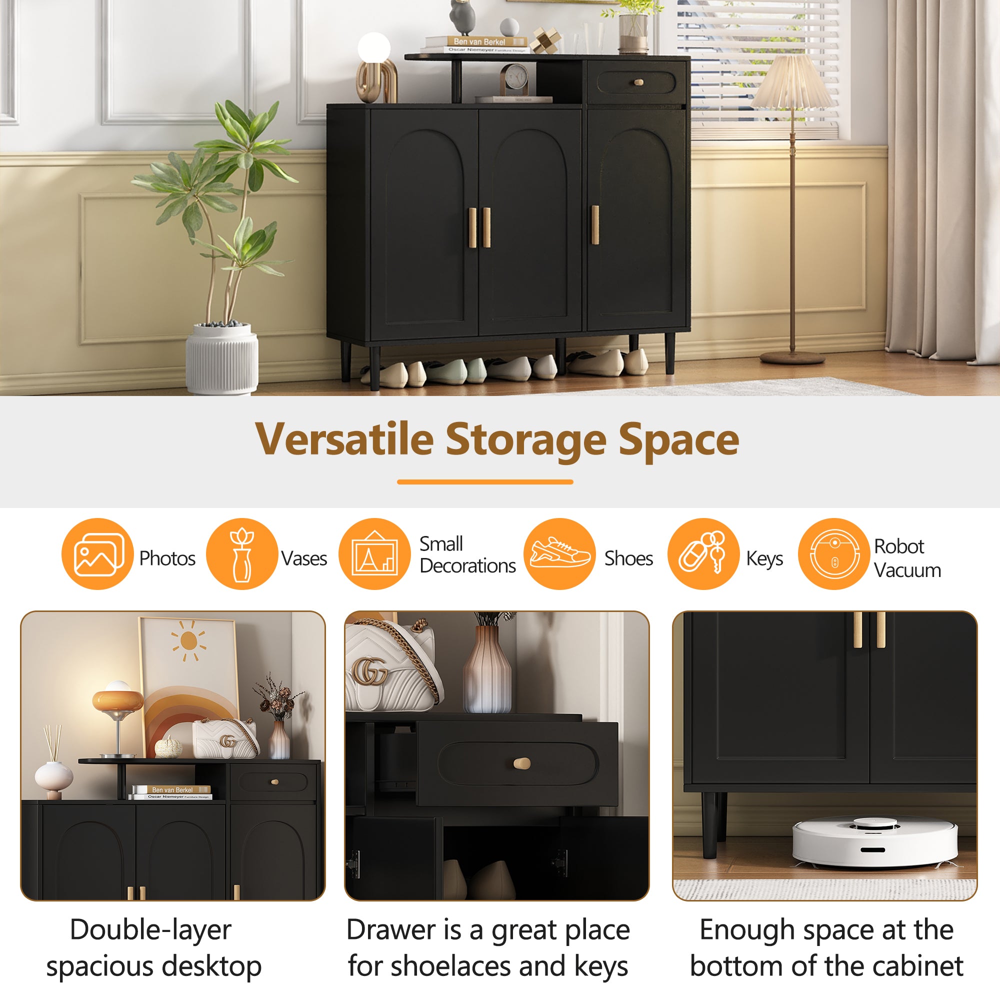 ON-TRANS Elegant Shoe Cabinet with Arched Doors and Drawers, Storage Side Panels, Adjustable Shelves and Solid Wood Legs, Black