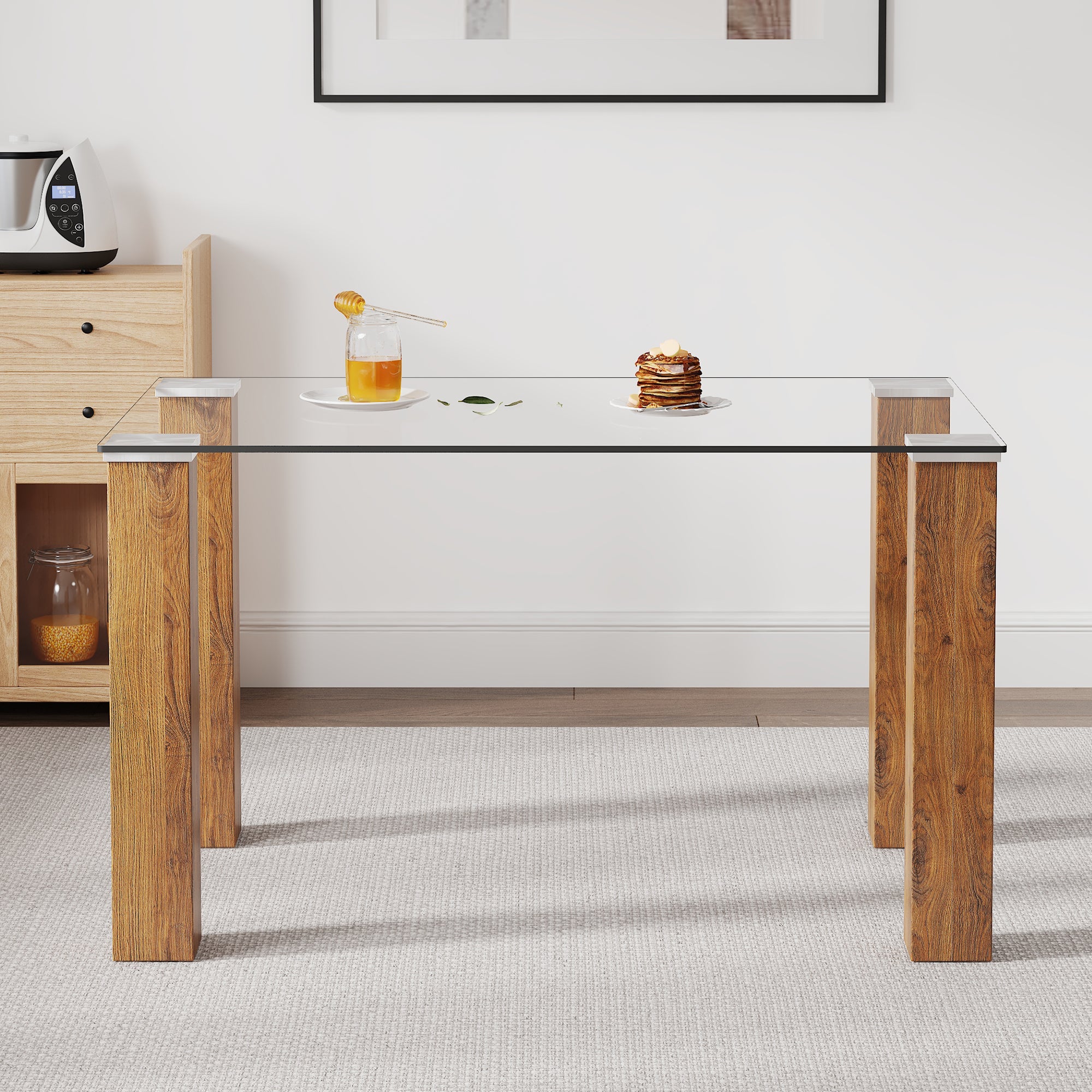 Modern minimalist rectangular dining table Glass desktop and wooden MDF table legs