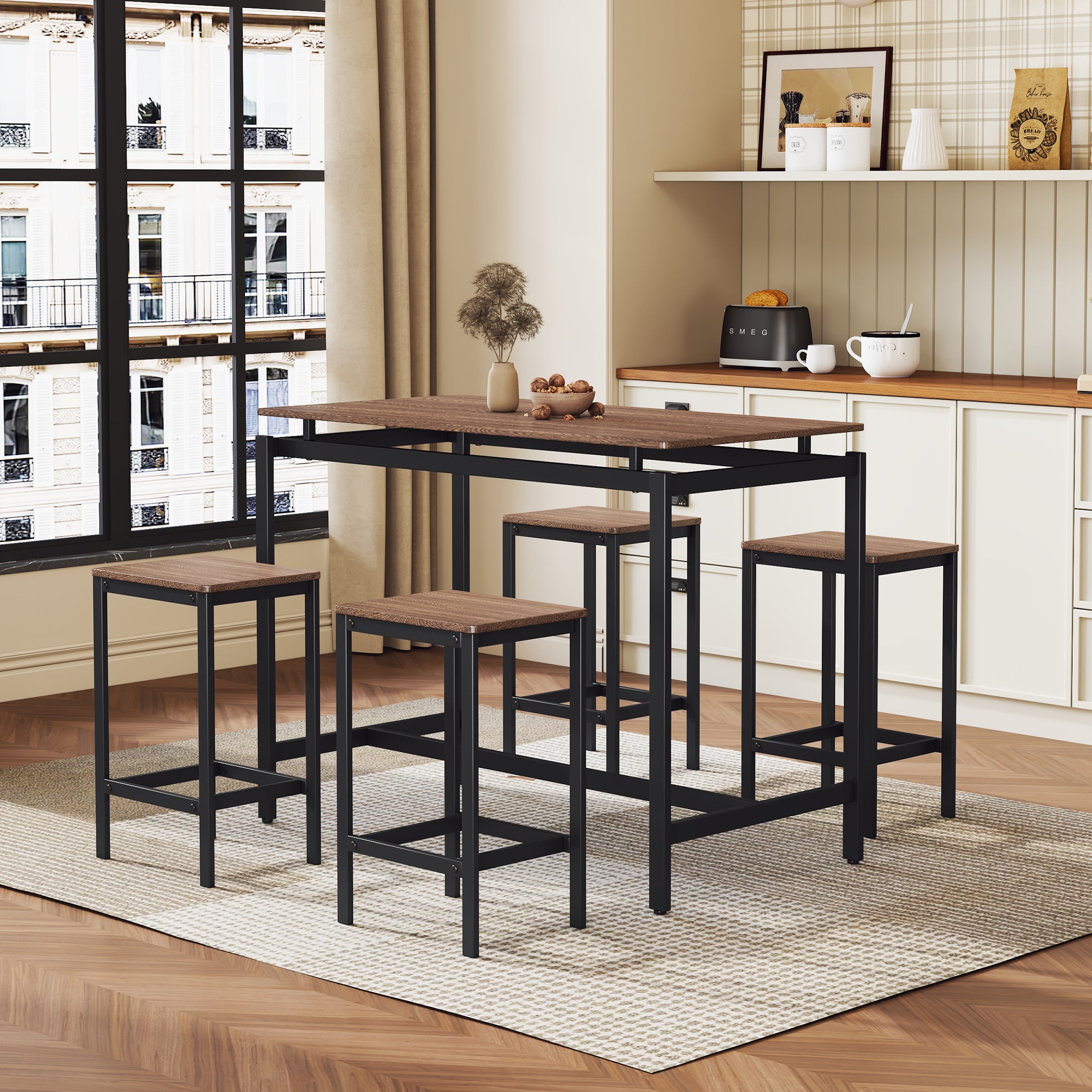 TREXM 5-piece compact bar table with table and stool - modern industrial design (dark brown)