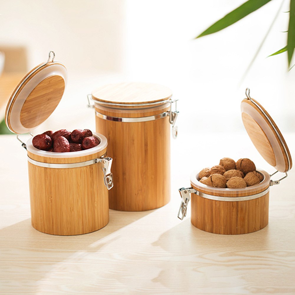 Tank Food Spice Sealed Kitchen Storage Jar Tea Round Lid Nuts Cans Container Bamboo Grains