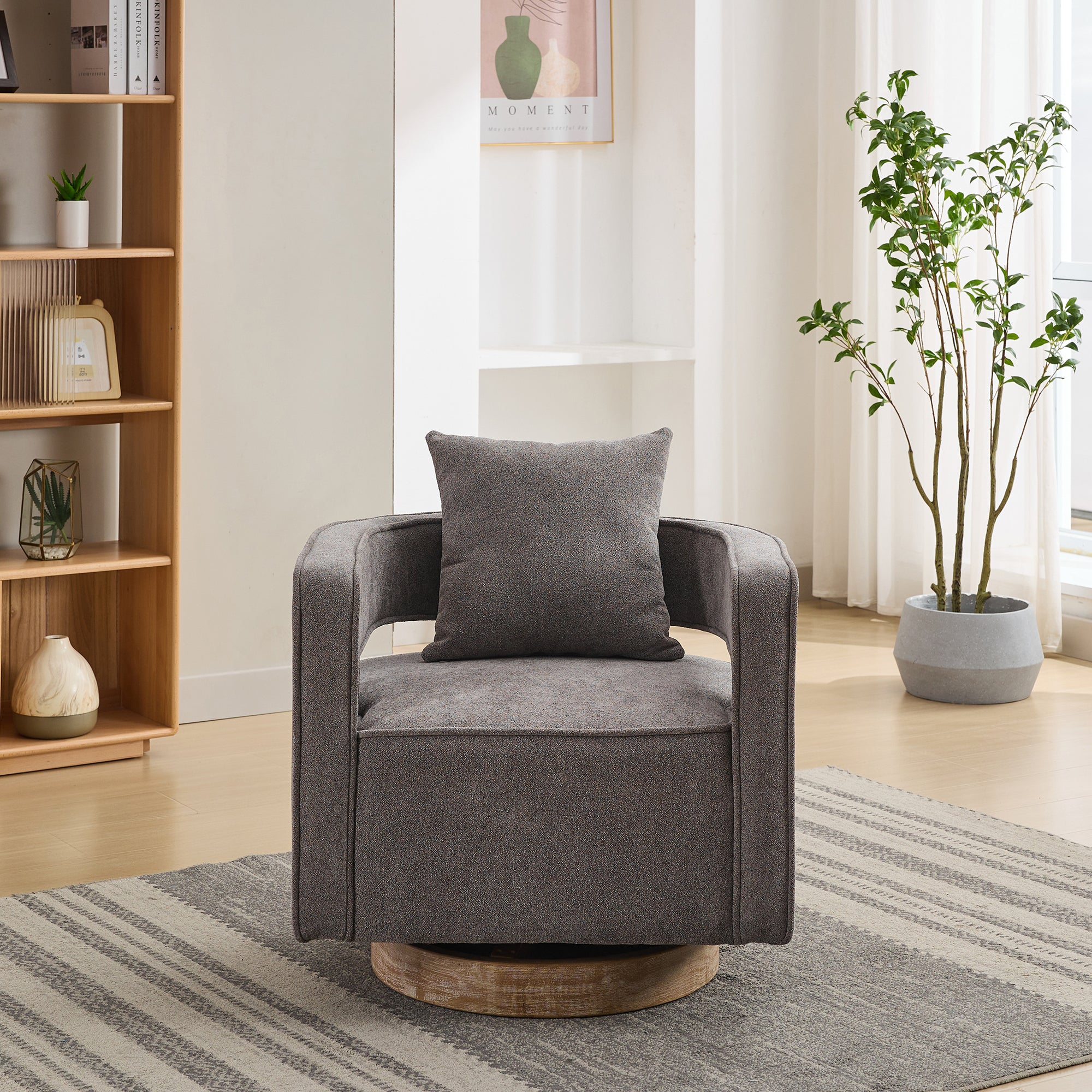 29.1"W Swivel Accent Open Back Chair Modern Comfy Sofa Chair With Weathered Base (Charcoal,Linen Blend)