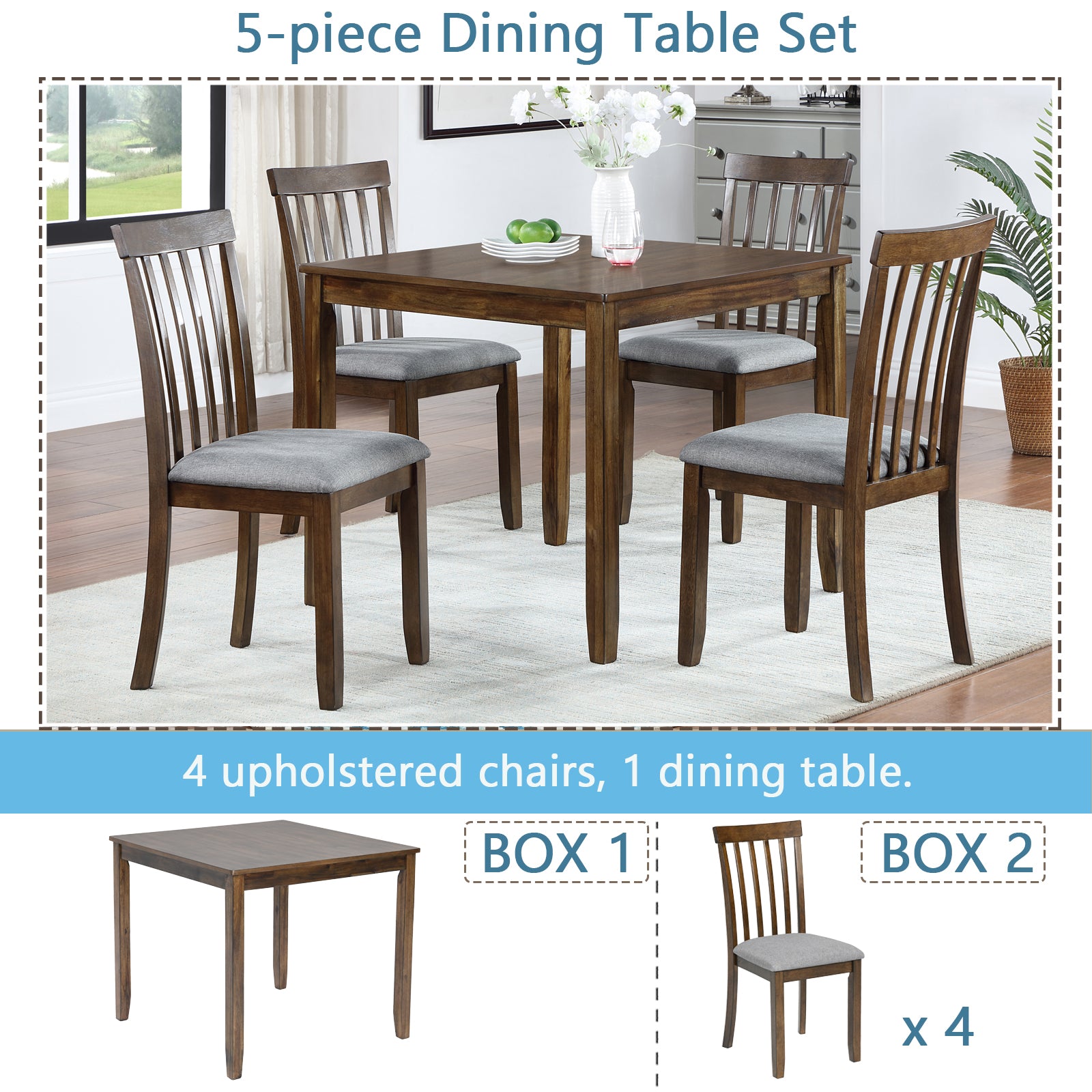 5 Piece Modern Dining Set, Square Wooden Dining Table with 4 Upholstered Chairs for Kitchen, Dining Room, Walnut