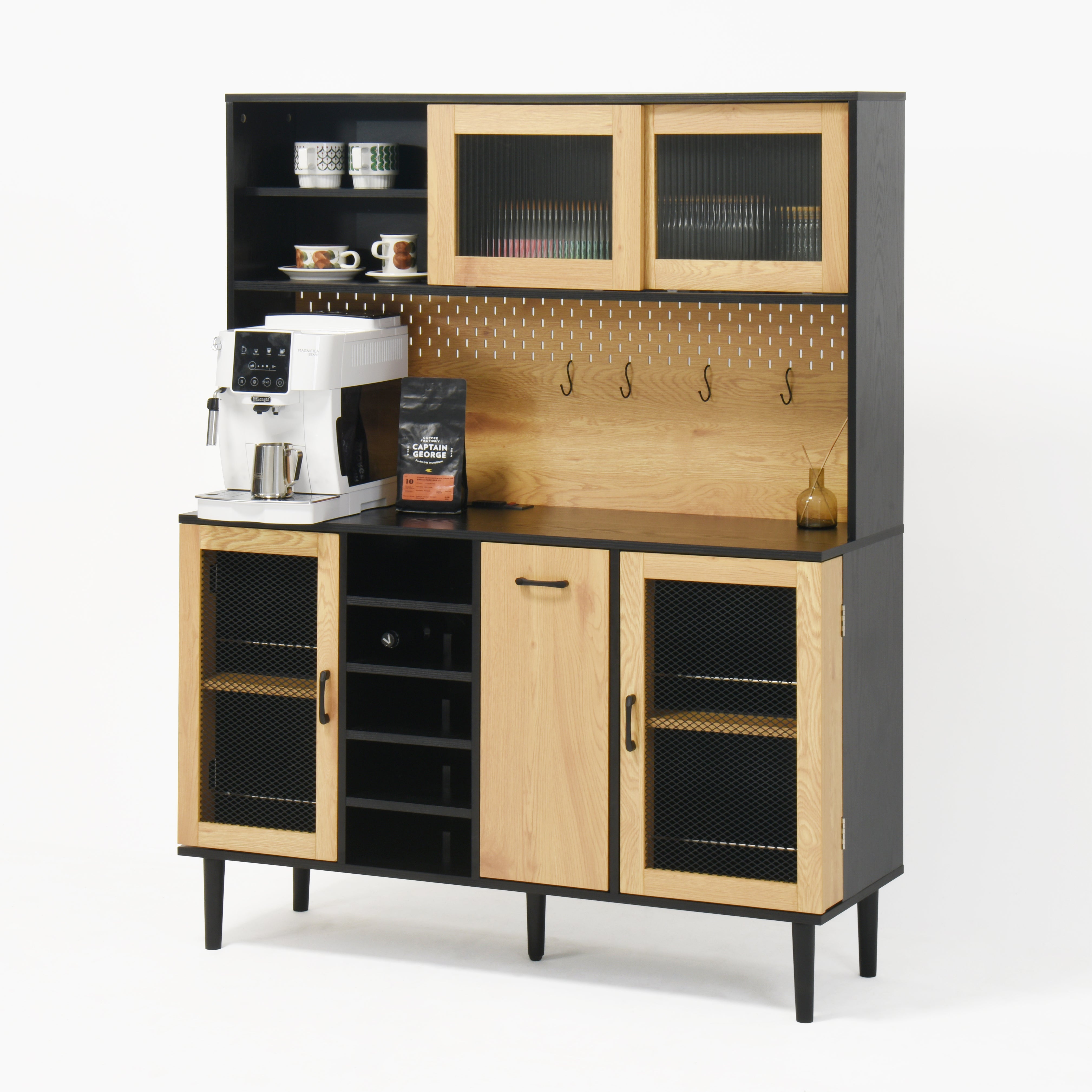 59 "H buffet side cabinet with storage door and power outlet, coffee bar cabinet with wine rack, black and natural colors