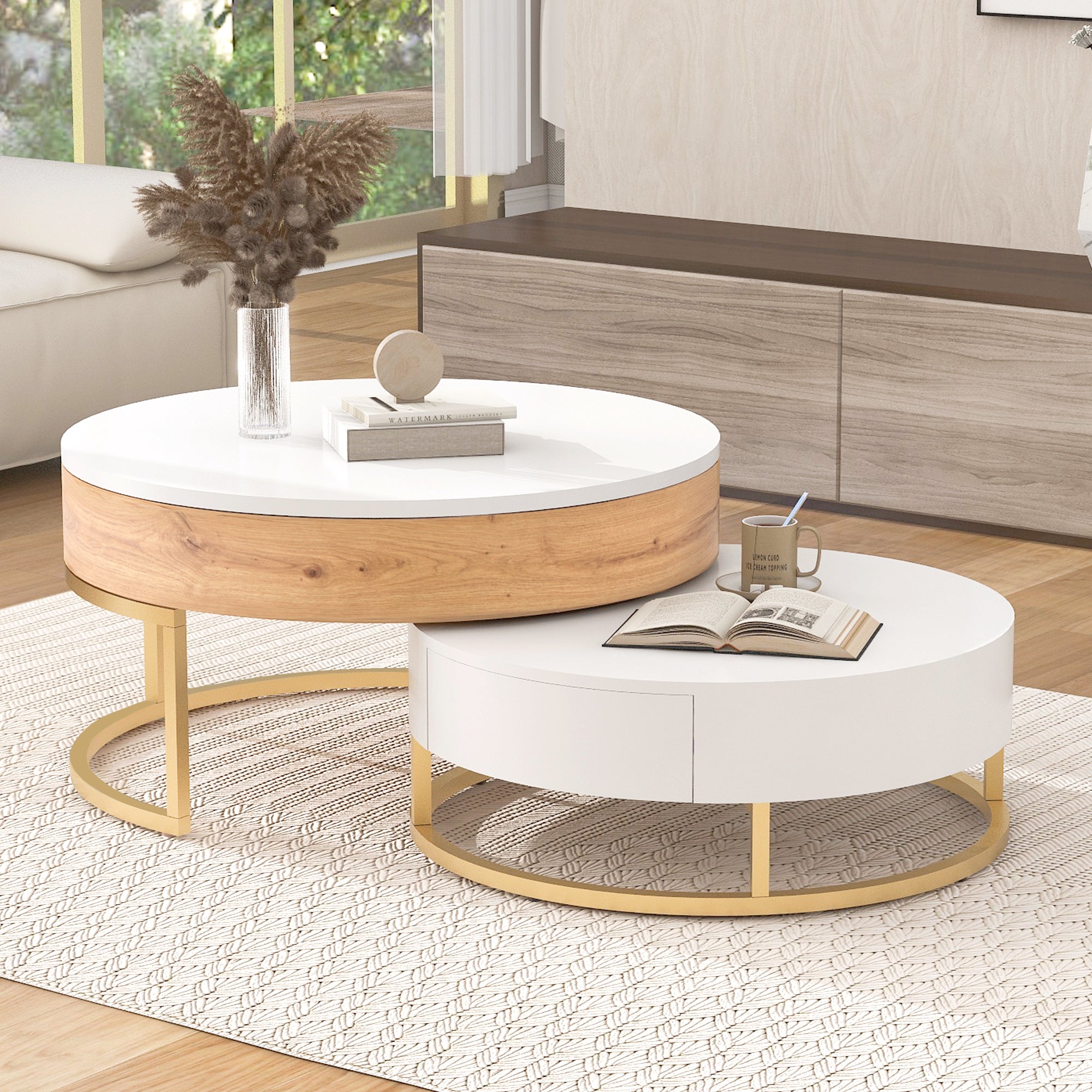 Modern Round Lift-top Nesting Coffee Tables with 2 Drawers White & Natural