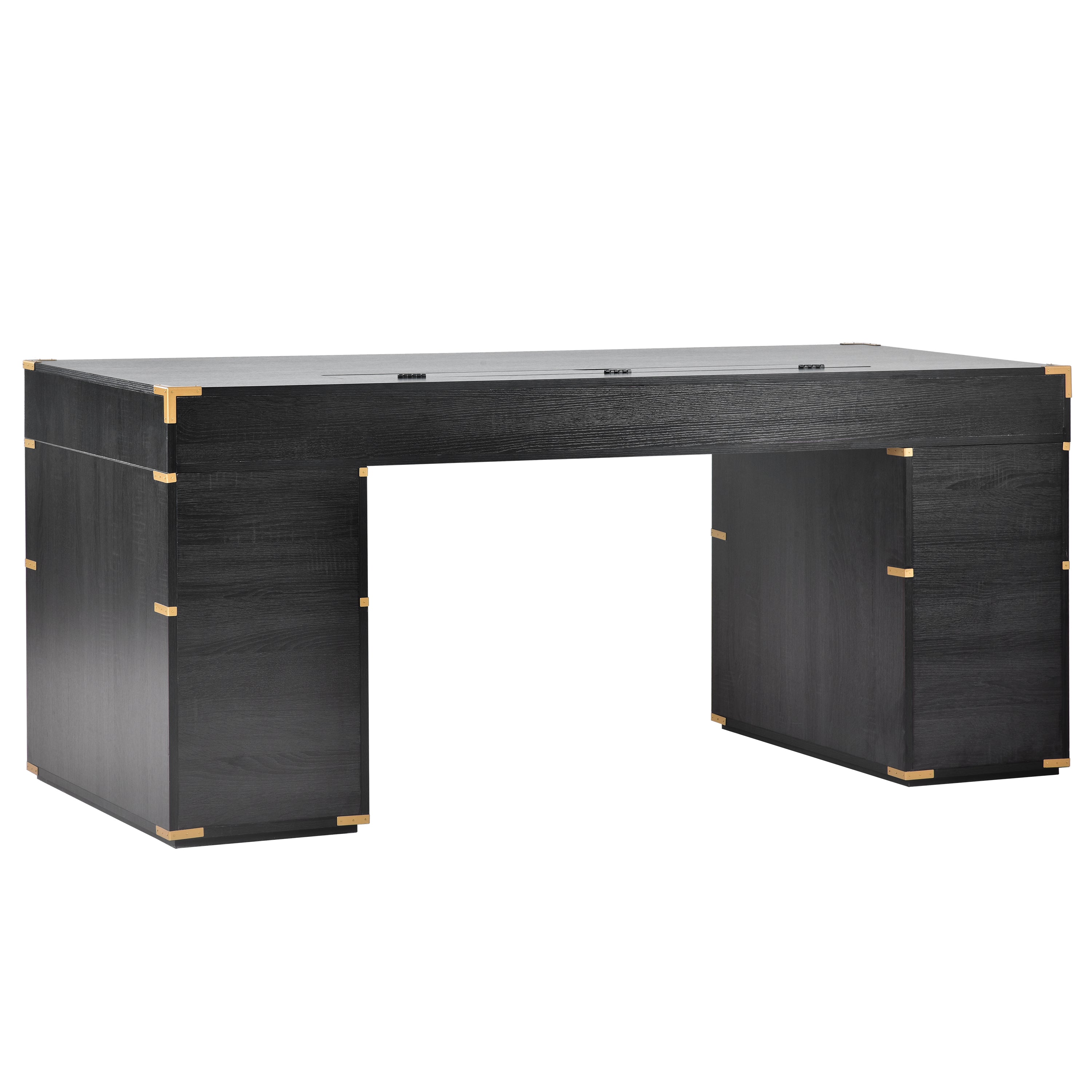 70 inch classic and traditional executive desk with metal trim, writing desk with 2 file drawers, USB ports, and sockets, black