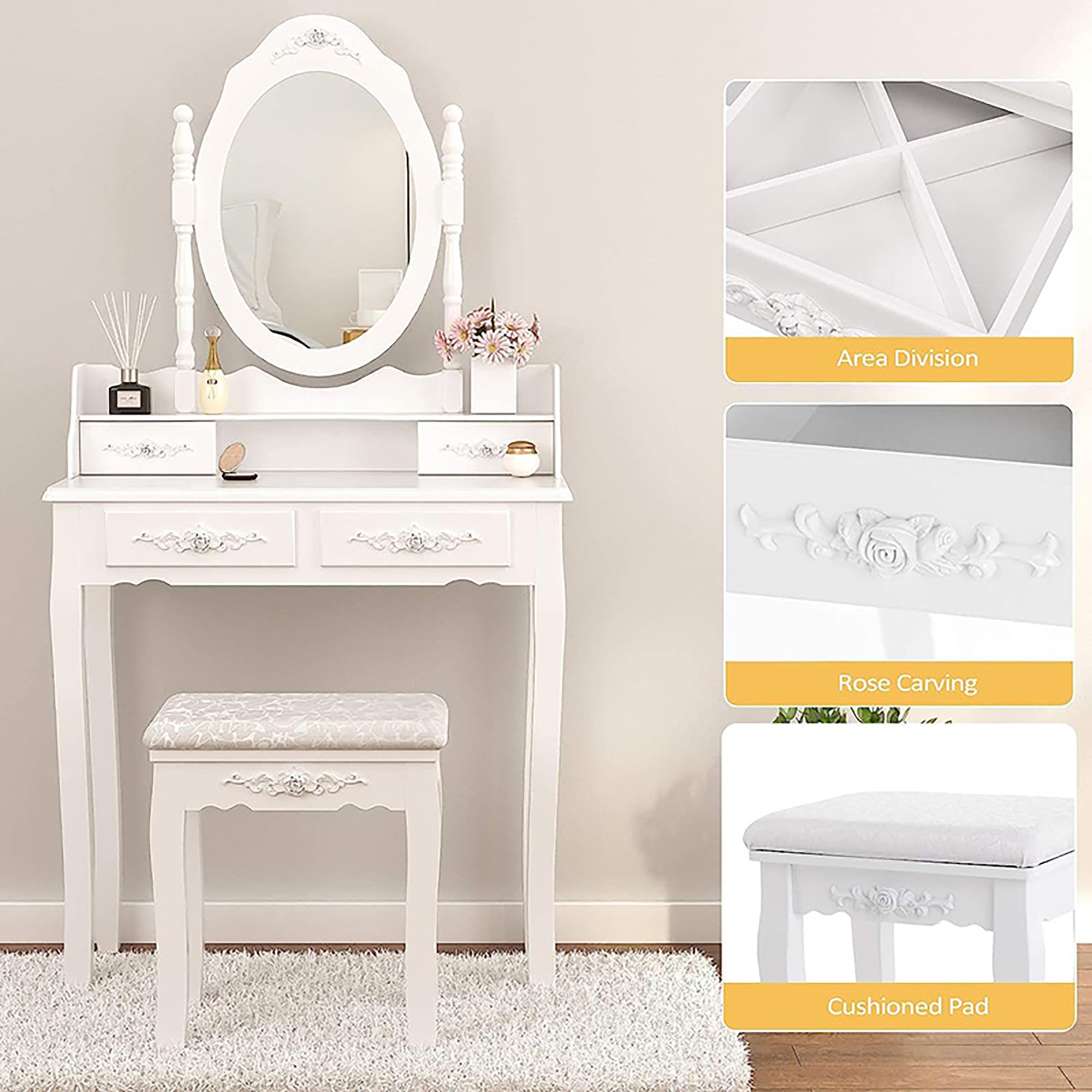 Vanity Table Set with 4 Drawer, Makeup Dressing Table w/Cushioned Stool, Girls Women Bedroom Furniture Set Oval Mirror