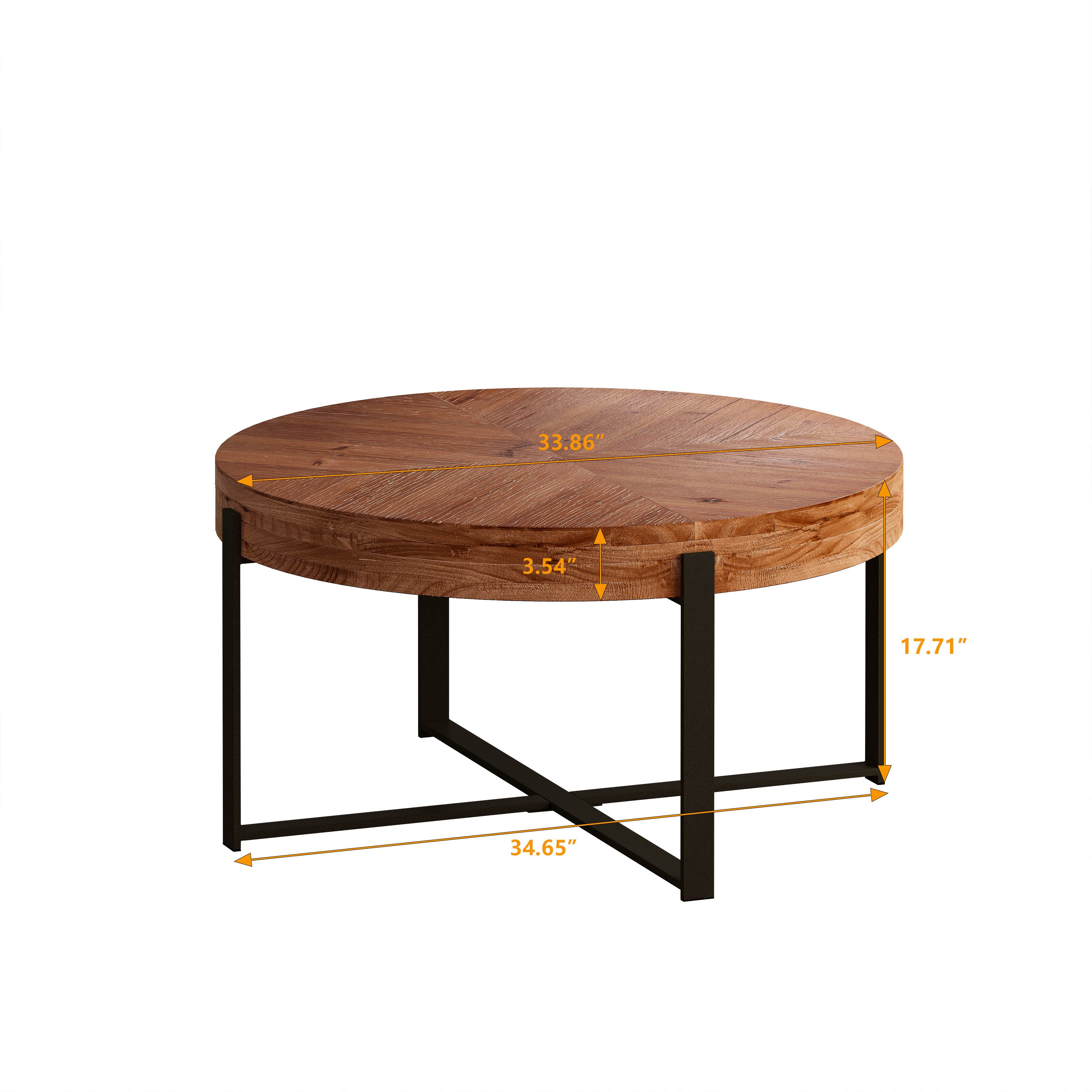 33.86"Modern Retro Splicing Round Coffee Table Fir Wood Table Top with Black Cross Legs Base(Same SKU:W757126237)