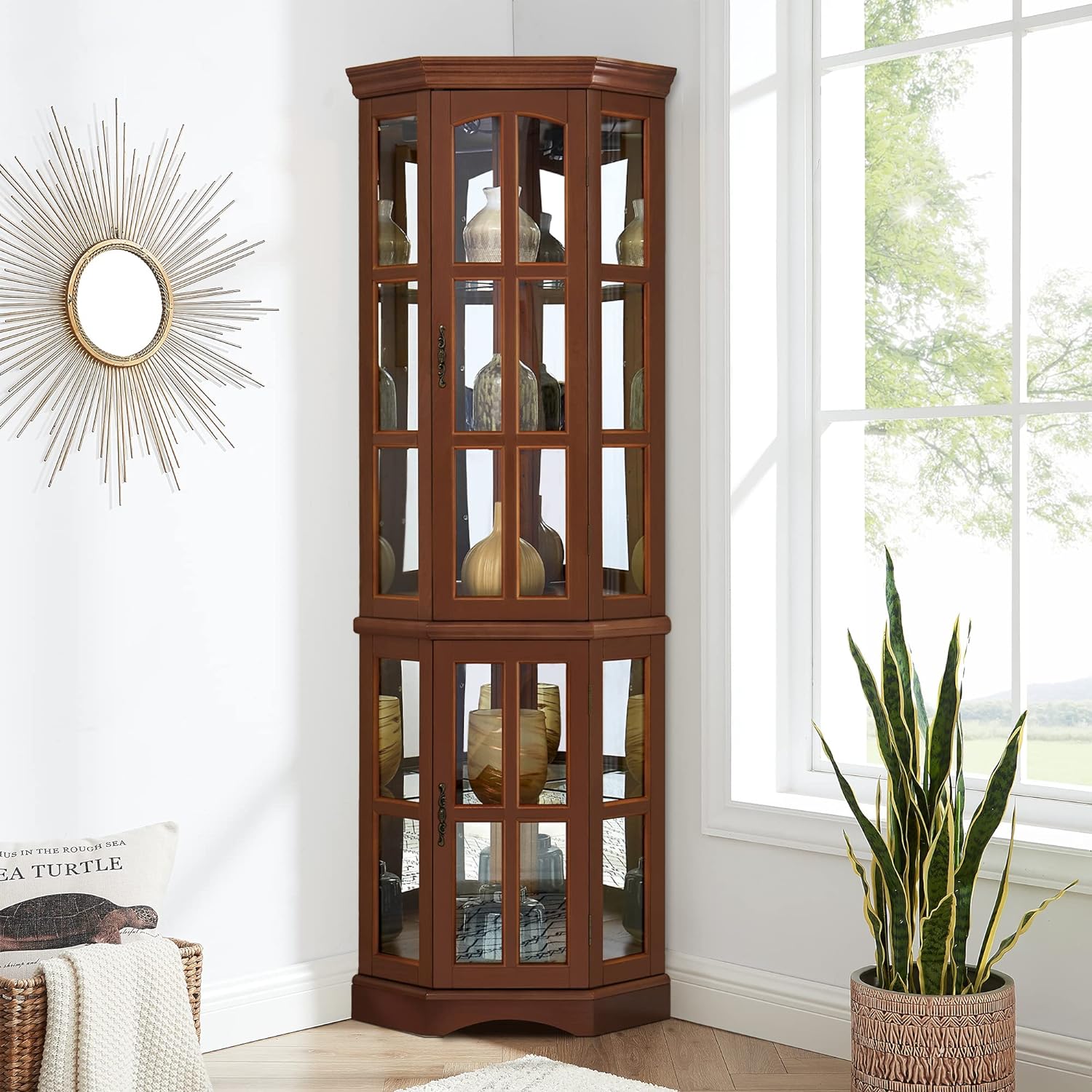 Corner Curio Cabinet with 5 Shelves and Lighting System, Walnut(E26 light bulb not included)