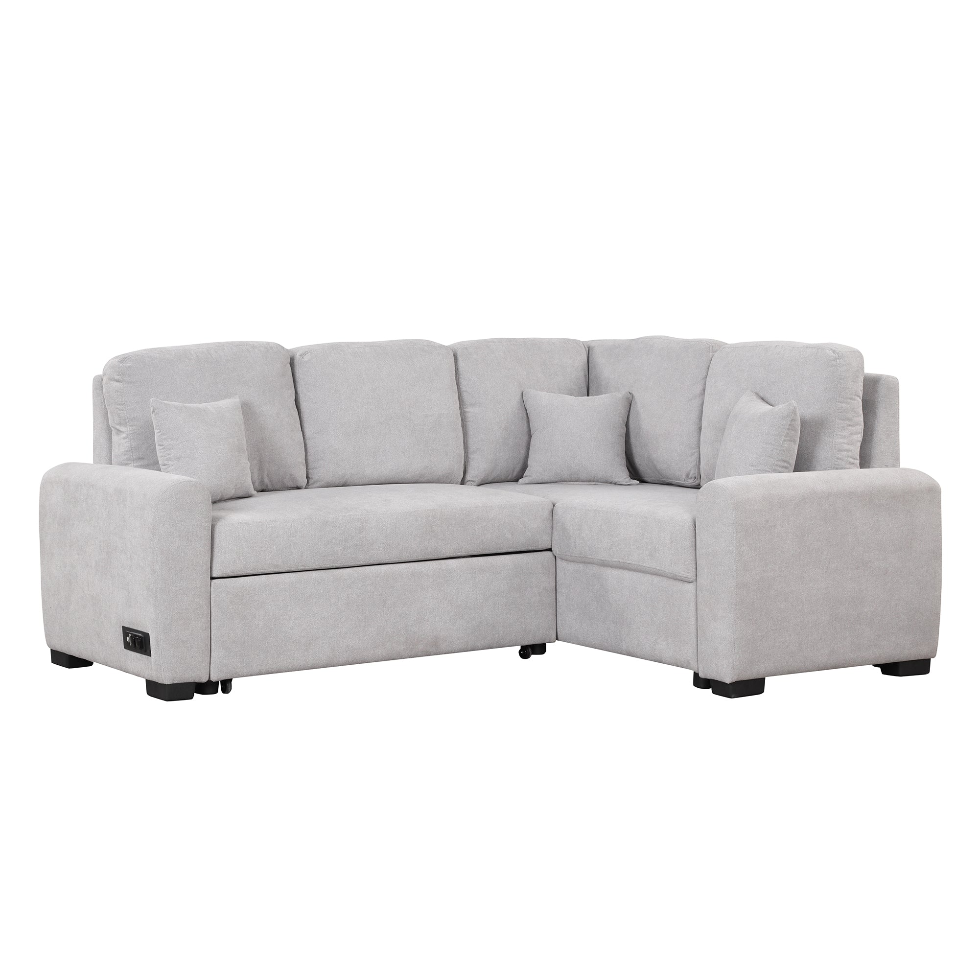 87.4"Sectional Sleeper Sofa with USB Charging Port and Plug Outlet Pull-Out Sofa Bed with 3 Pillows Grey