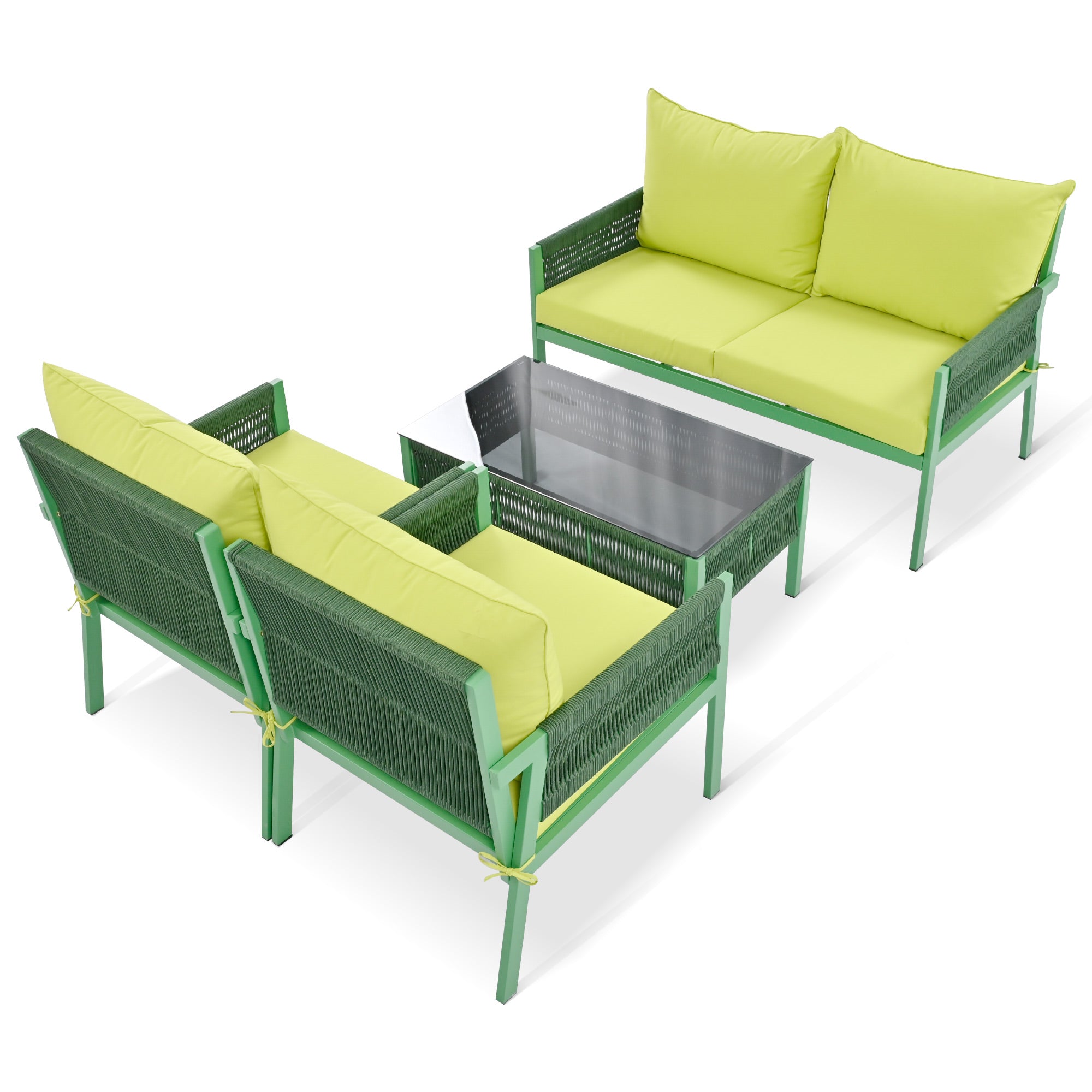 Outdoor Furniture with Tempered Glass Table,  Set Deep Seating with Thick Cushion  (Fluorescent Yellow & Green)