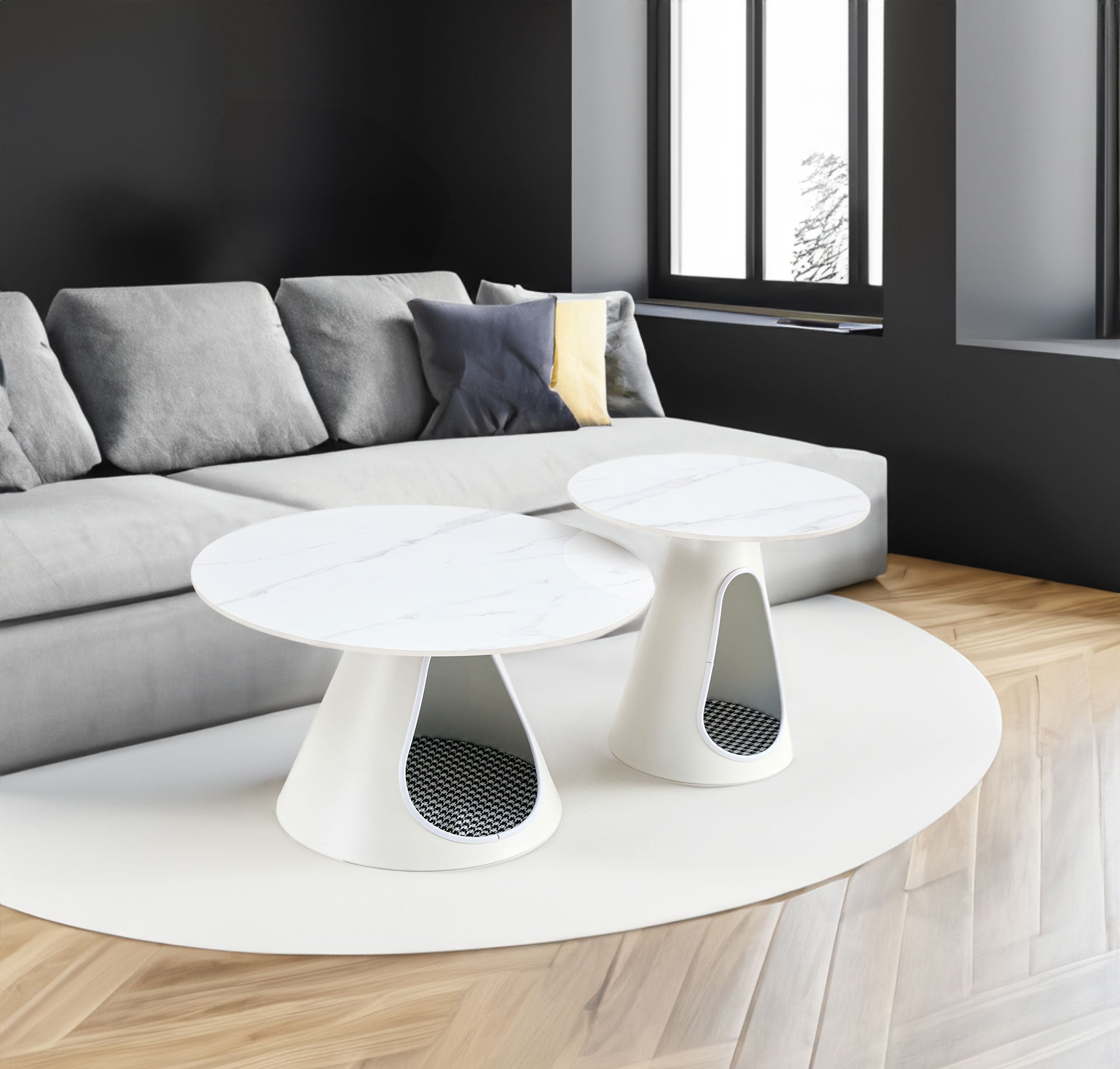 set of 2 coffee round tables with a marble-look top and steel base with 2 cat beds multifunctional and stylish entable