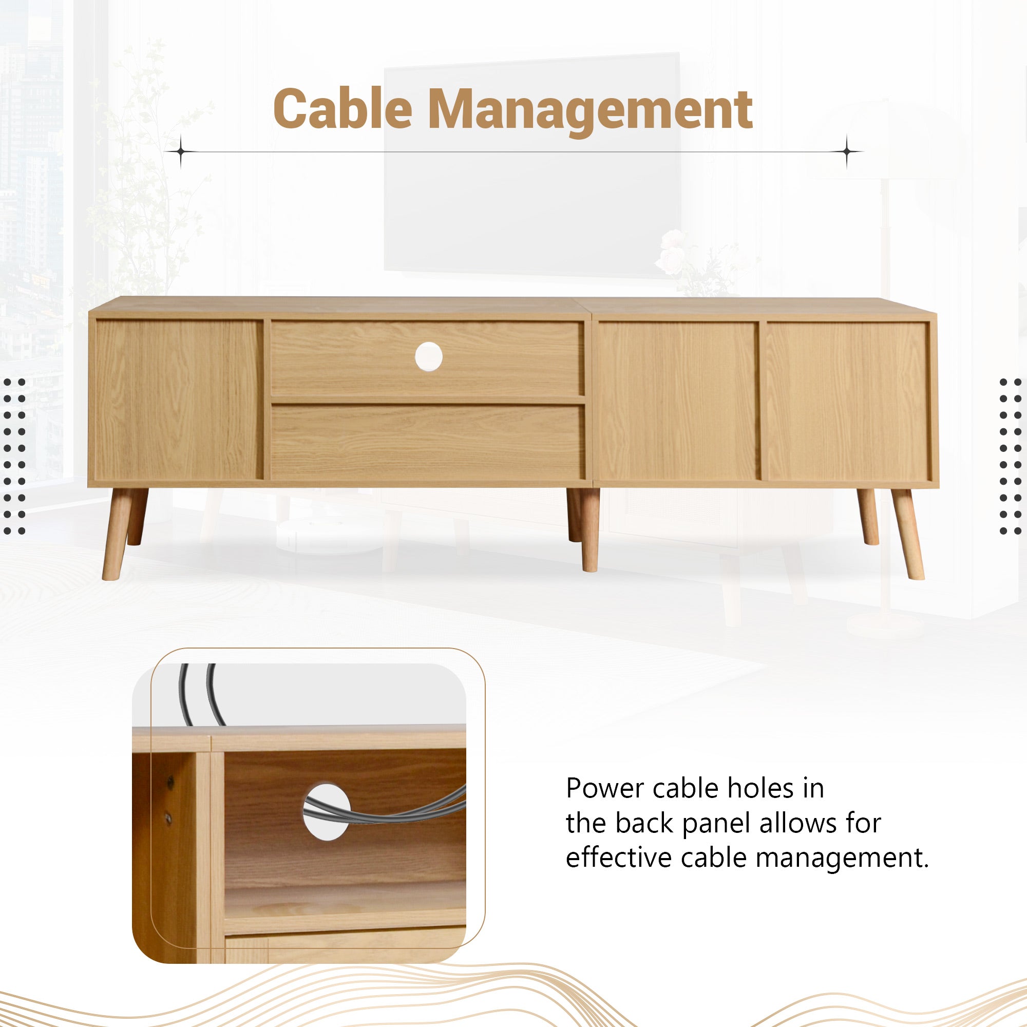 Vine TV stand with 2 cabinets and 2 open shelves, suitable for TVs under 80 inches, with solid wood legs for TV cabinets