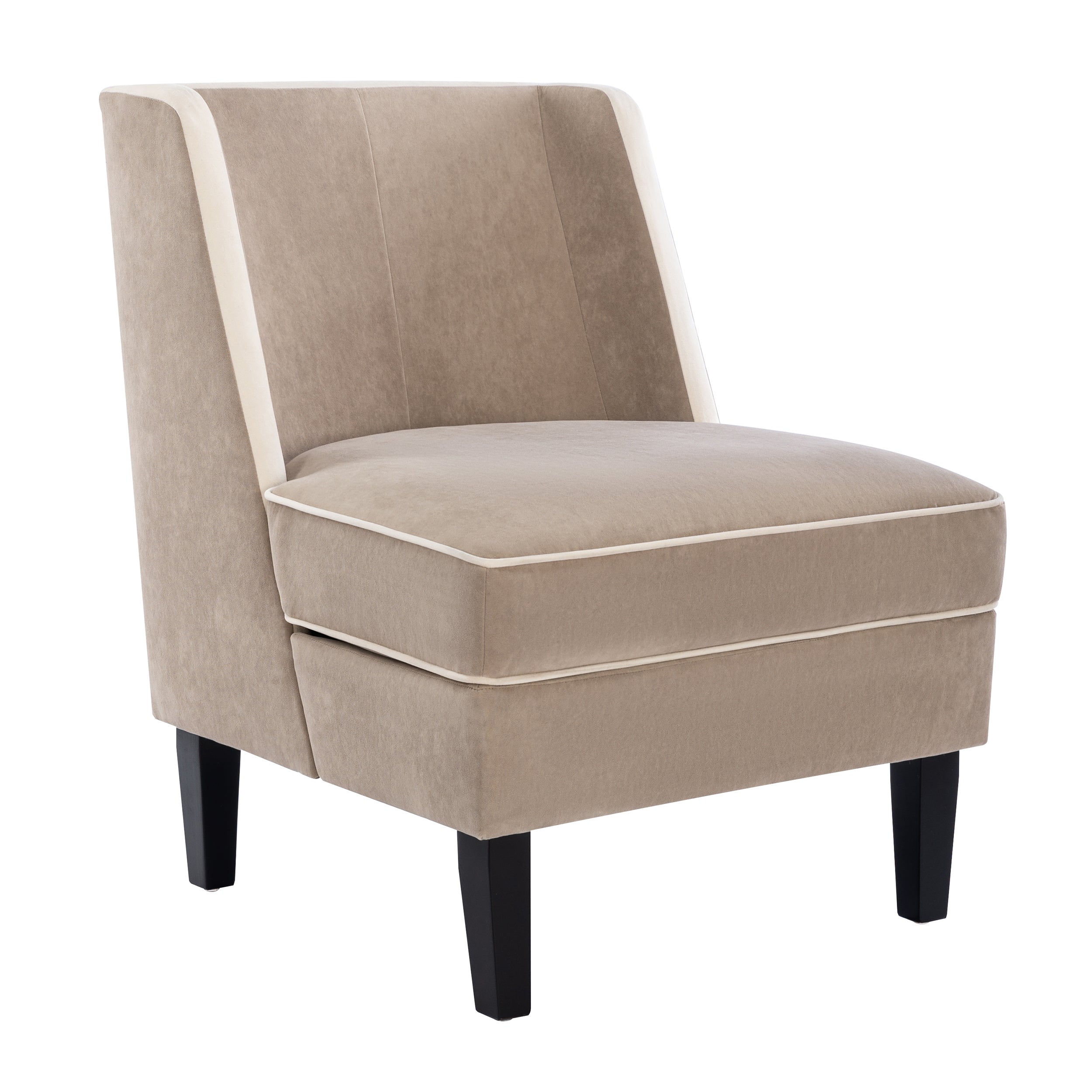 Velvet Upholstered Accent Chair with Cream Piping, Tan and Cream