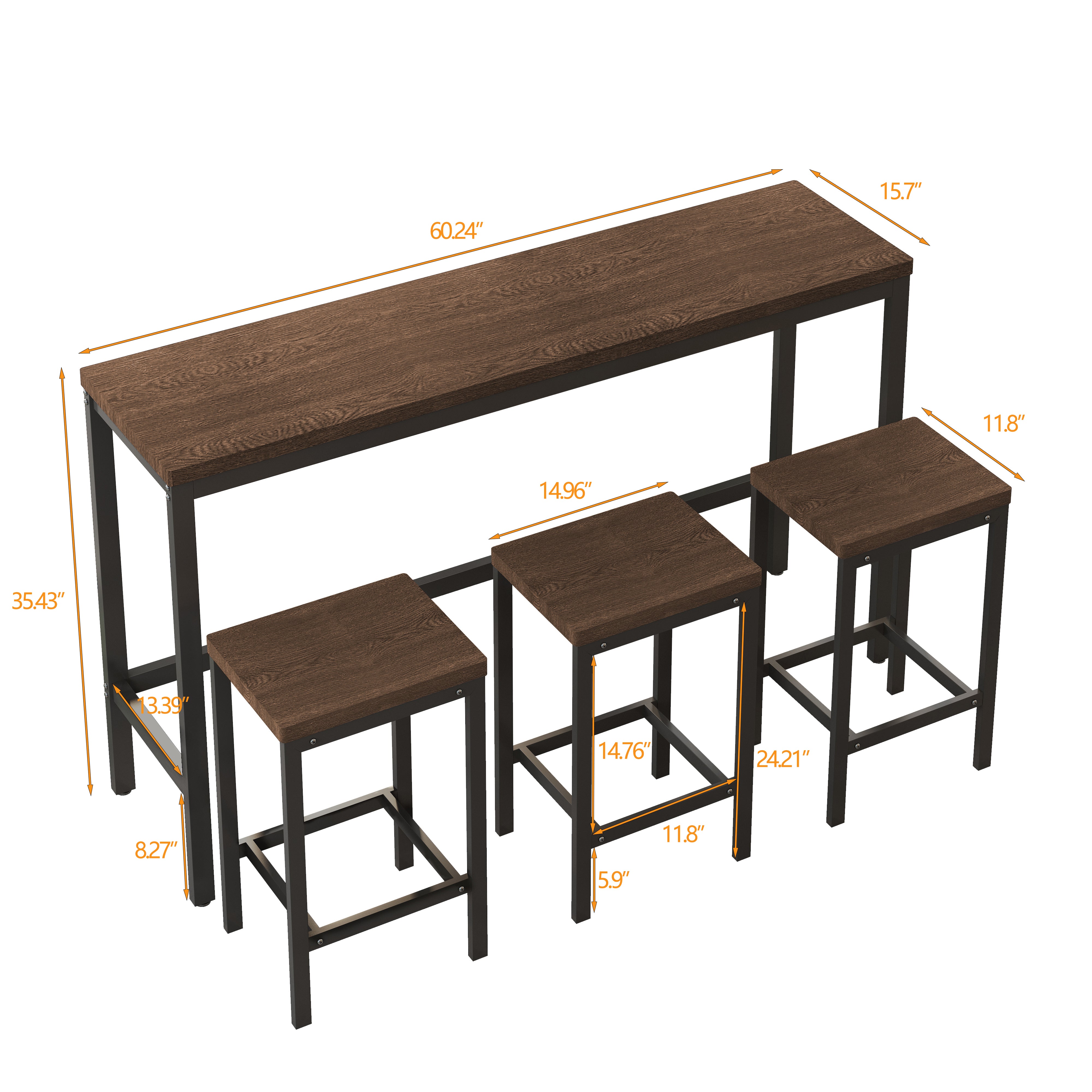 Modern Design Kitchen Dining Table Pub Table Long Dining Table Set with 3 Stools Easy Assembly Dark Brown