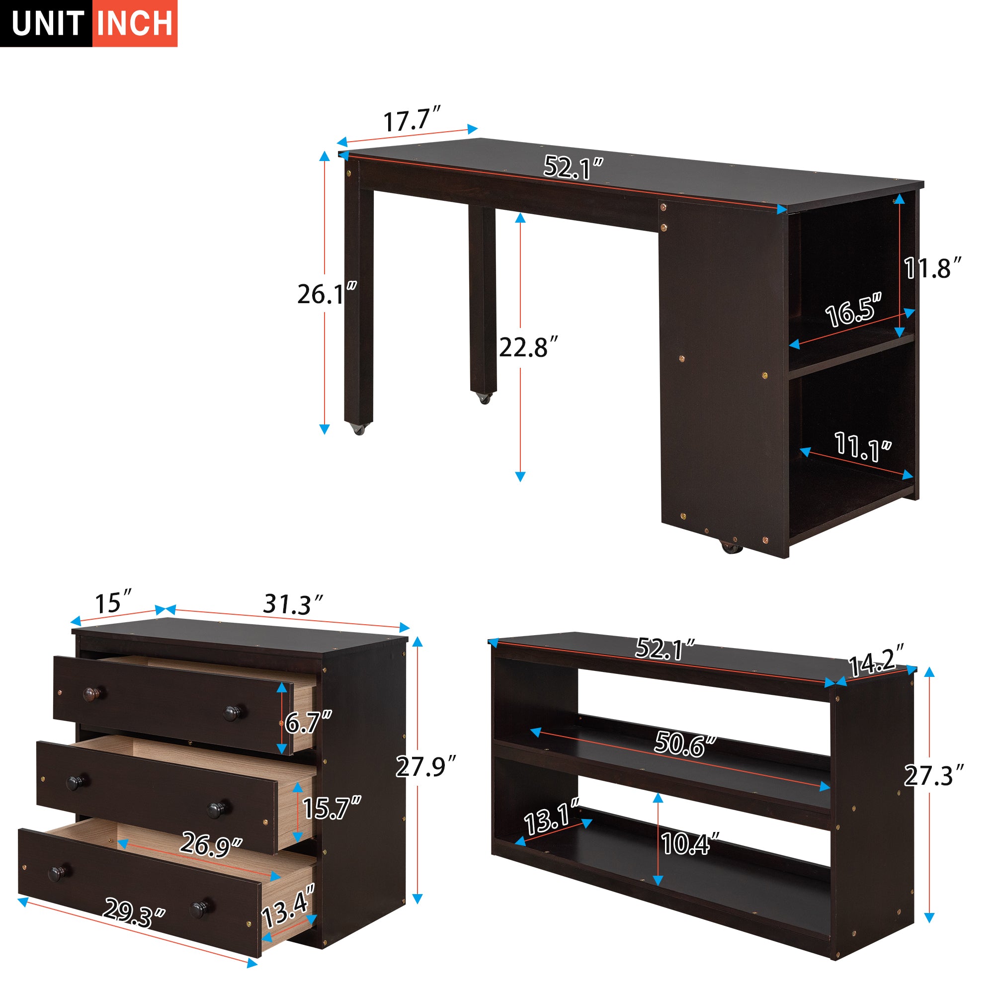 Low Study Full Loft Bed with Cabinet Shelves and Rolling Portable Desk Multiple Functions Bed- Espresso