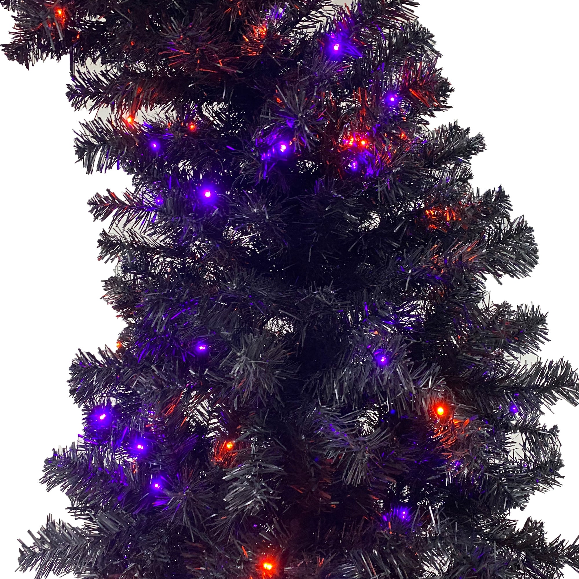 6FT artificial fir curved top Halloween tree, with 1080 lush branch tips and 300 LED lights in a Christmas and Halloween style