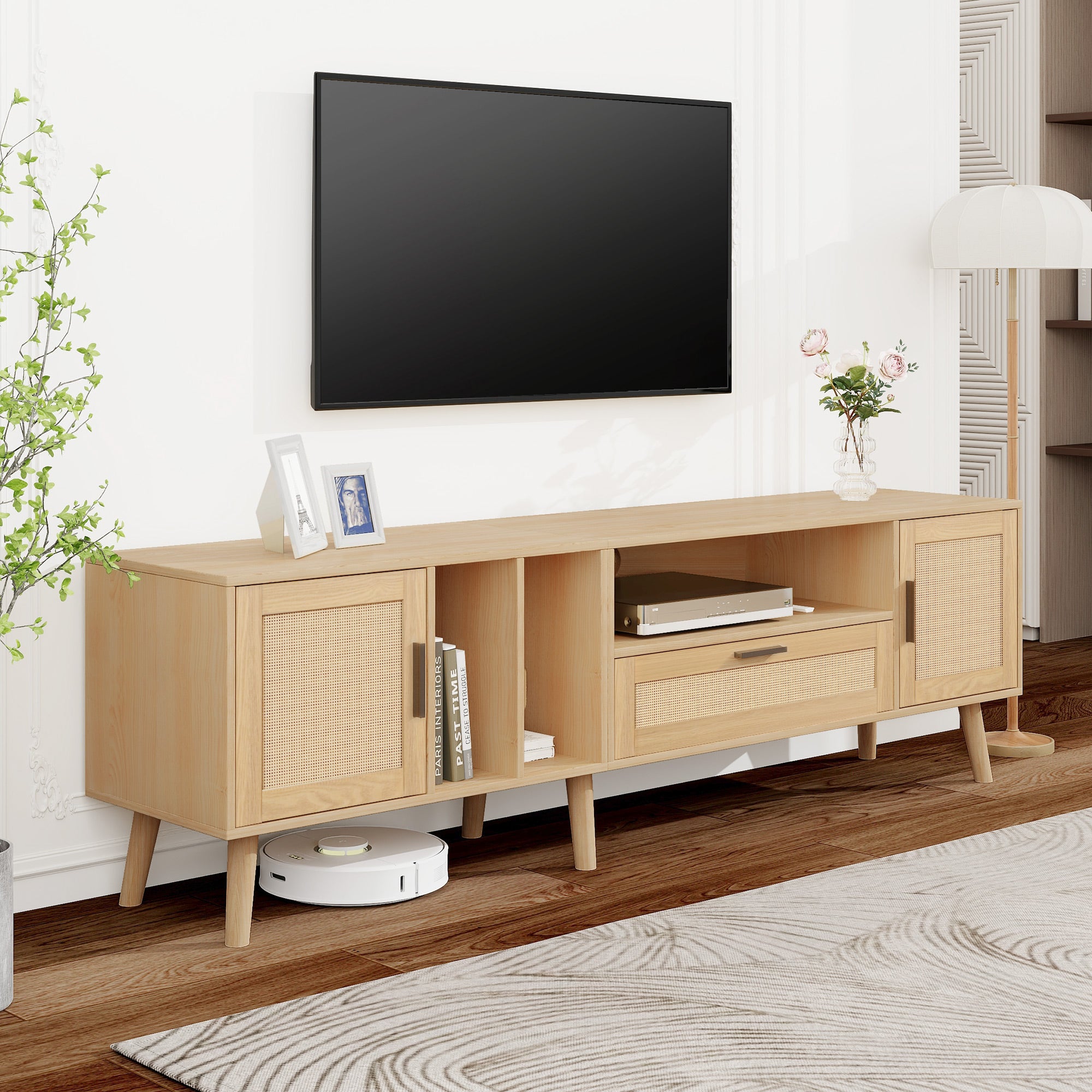 Vine TV stand with 2 cabinets and 2 open shelves, suitable for TVs under 80 inches, with solid wood legs for TV cabinets