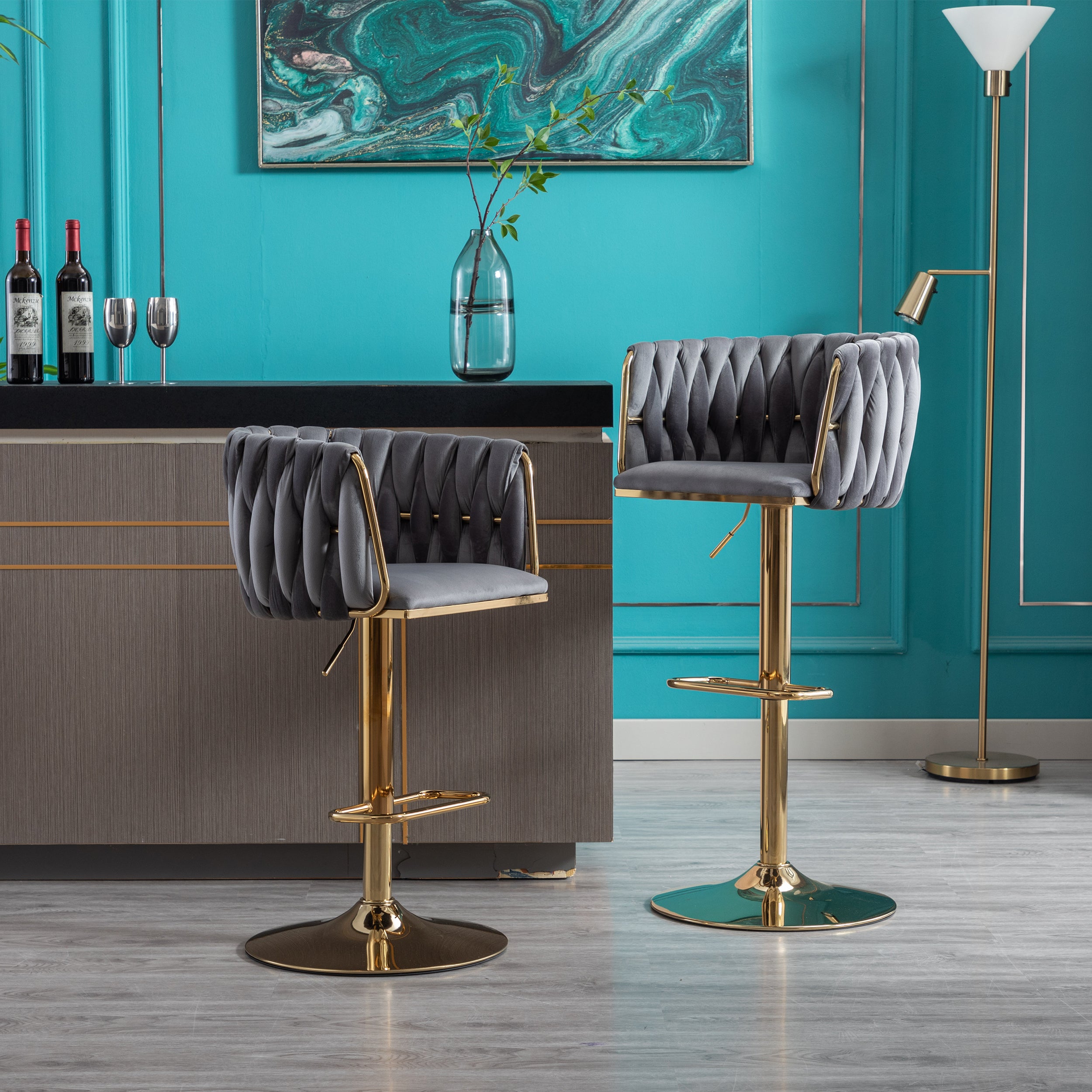 Set of 2 Bar Stools with Chrome Footrest and Base Swivel Height  Velvet + Golden Leg Simple Bar Stool-Grey