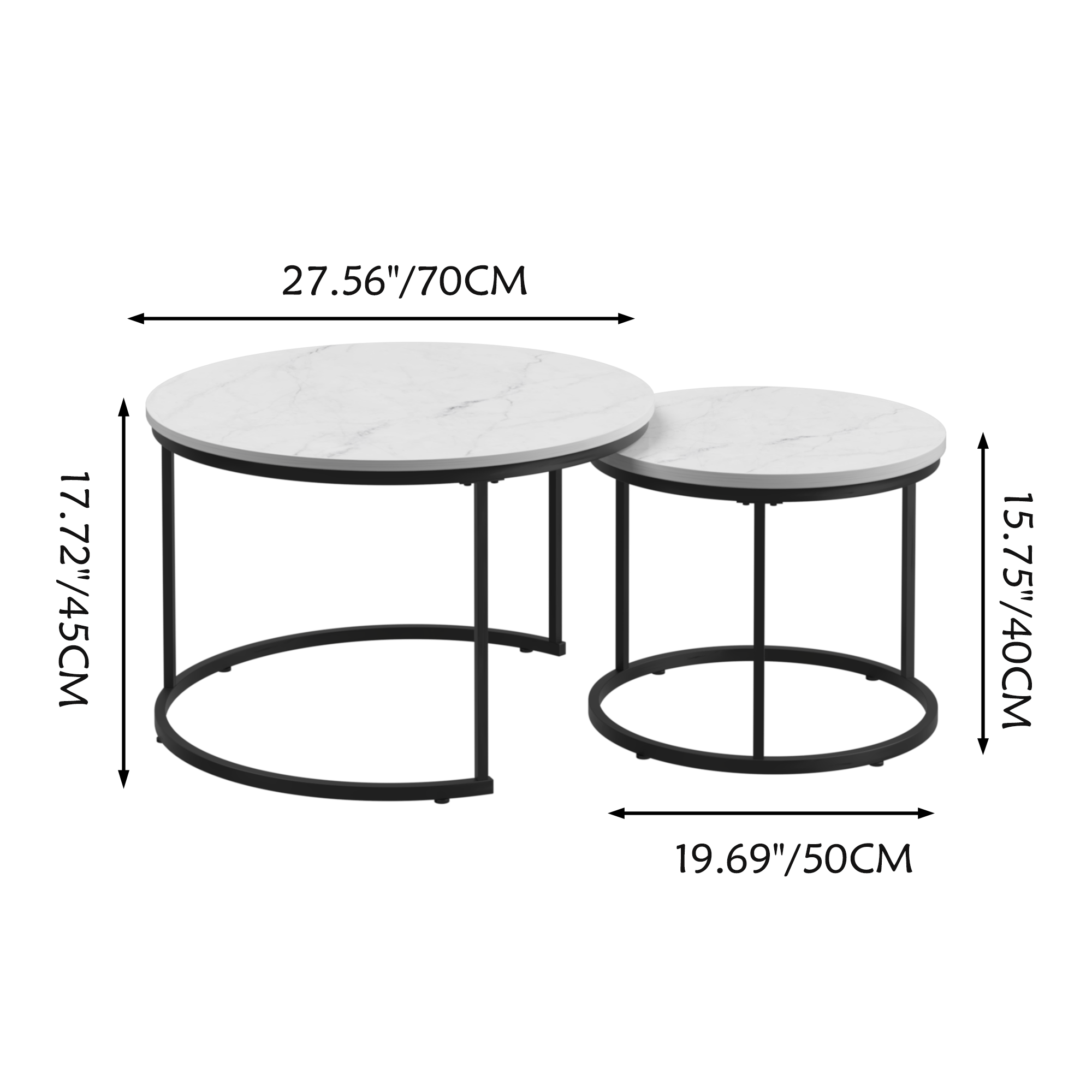 A set of nested 27.6-inch circular coffee tables with a wooden marble patterned tabletop and a sturdy metal frame (white)