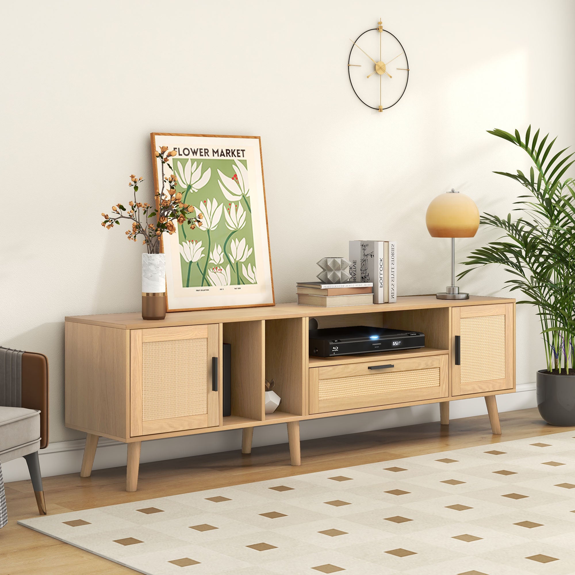 Vine TV stand with 2 cabinets and 2 open shelves, suitable for TVs under 80 inches, with solid wood legs for TV cabinets