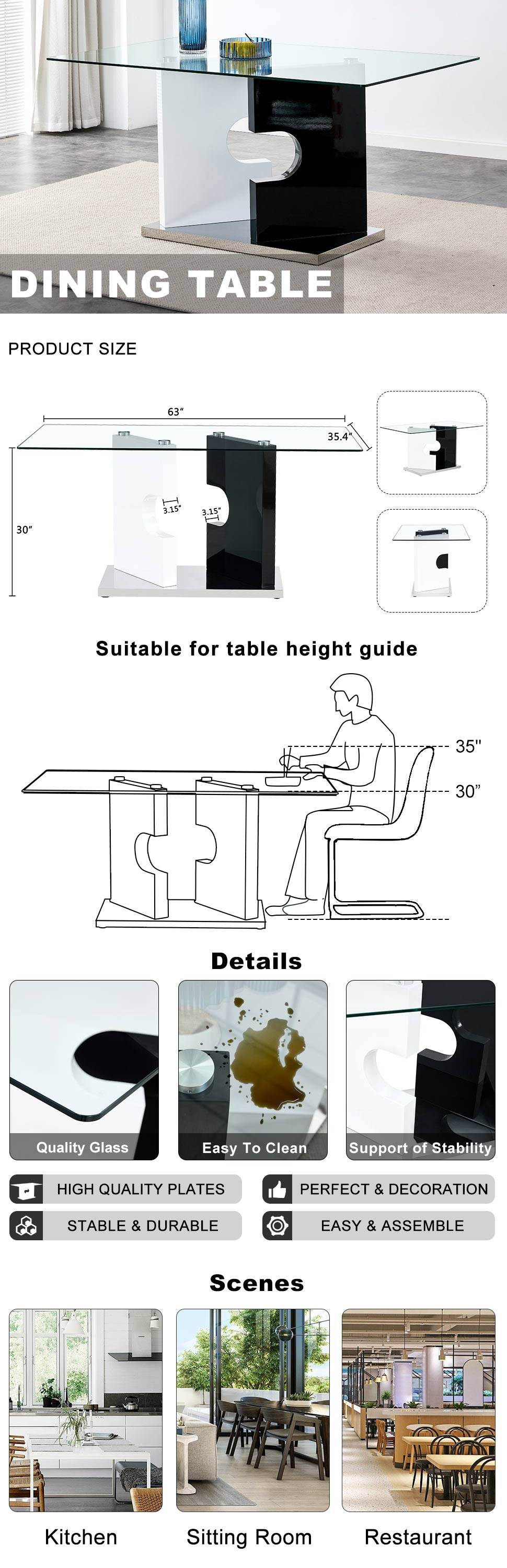 Large Modern Minimalist Rectangular Glass Dining Table for 6-8 with 0.39" Tempered Glass Tabletop