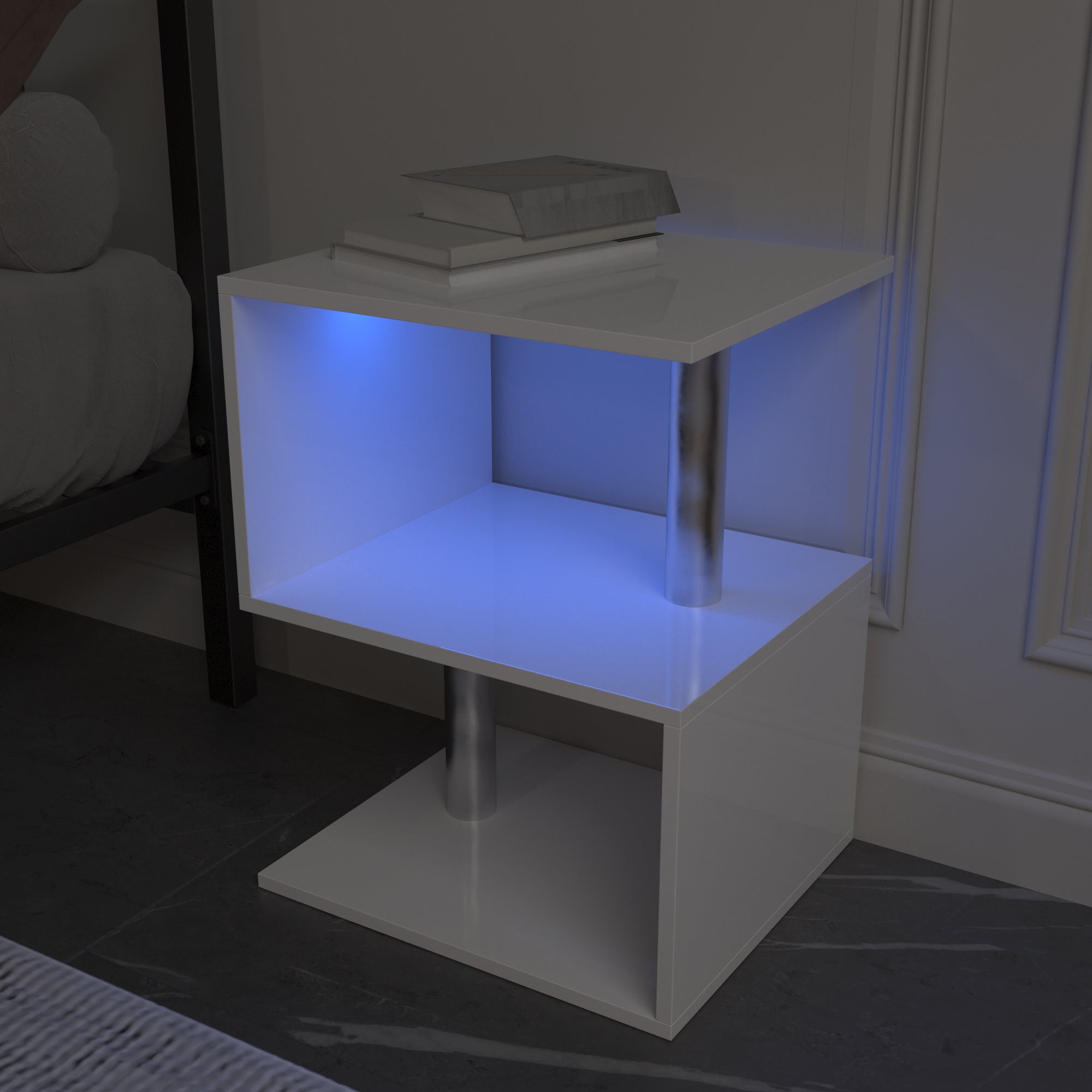 3-layer S-shaped coffee table, high gloss side table with open storage rack and USB power supply, white LED coffee table