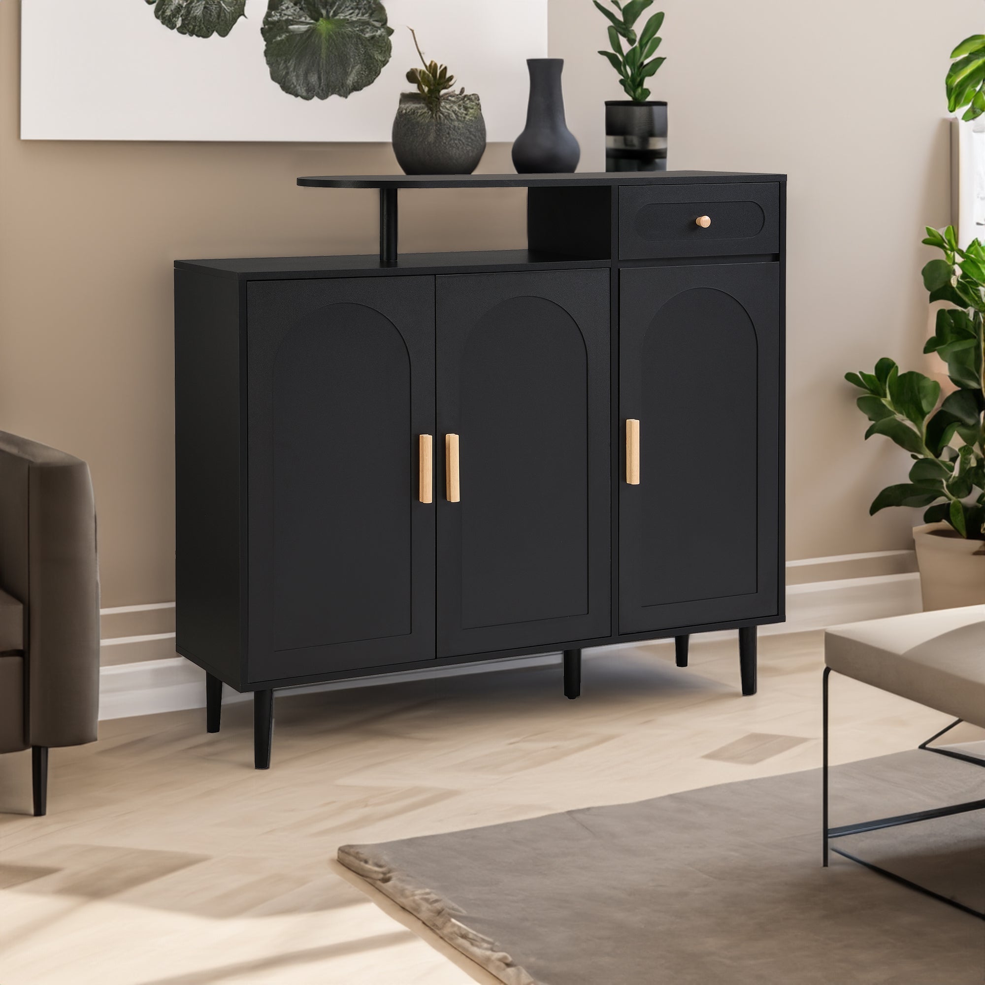 ON-TRANS Elegant Shoe Cabinet with Arched Doors and Drawers, Storage Side Panels, Adjustable Shelves and Solid Wood Legs, Black