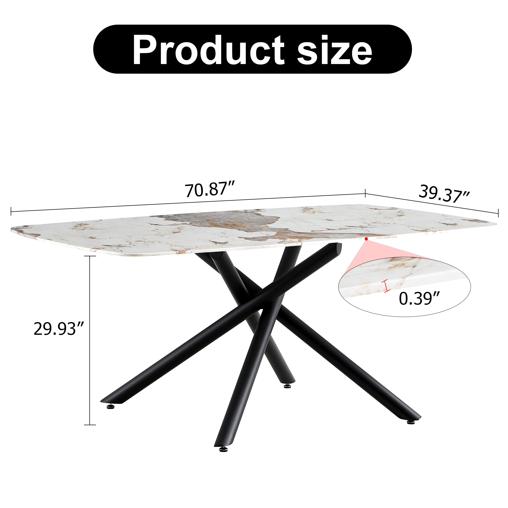 Large rectangular imitation marble dining table 6-8 seats 0.39 "black artificial marble countertop