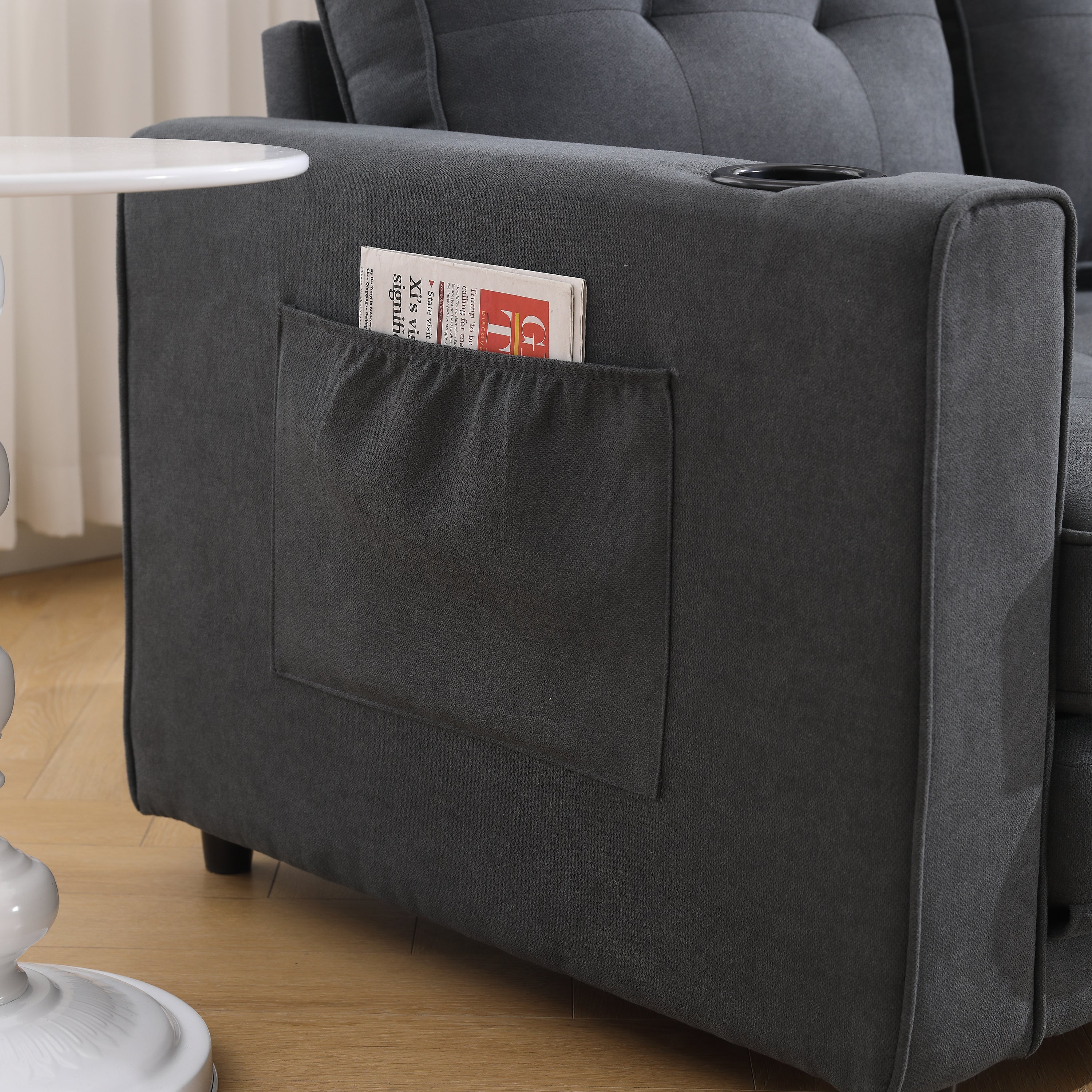 Three in one soft cushion cushion cushion sofa, folding mattress sofa bed, with side pockets and cup holder, dark gray