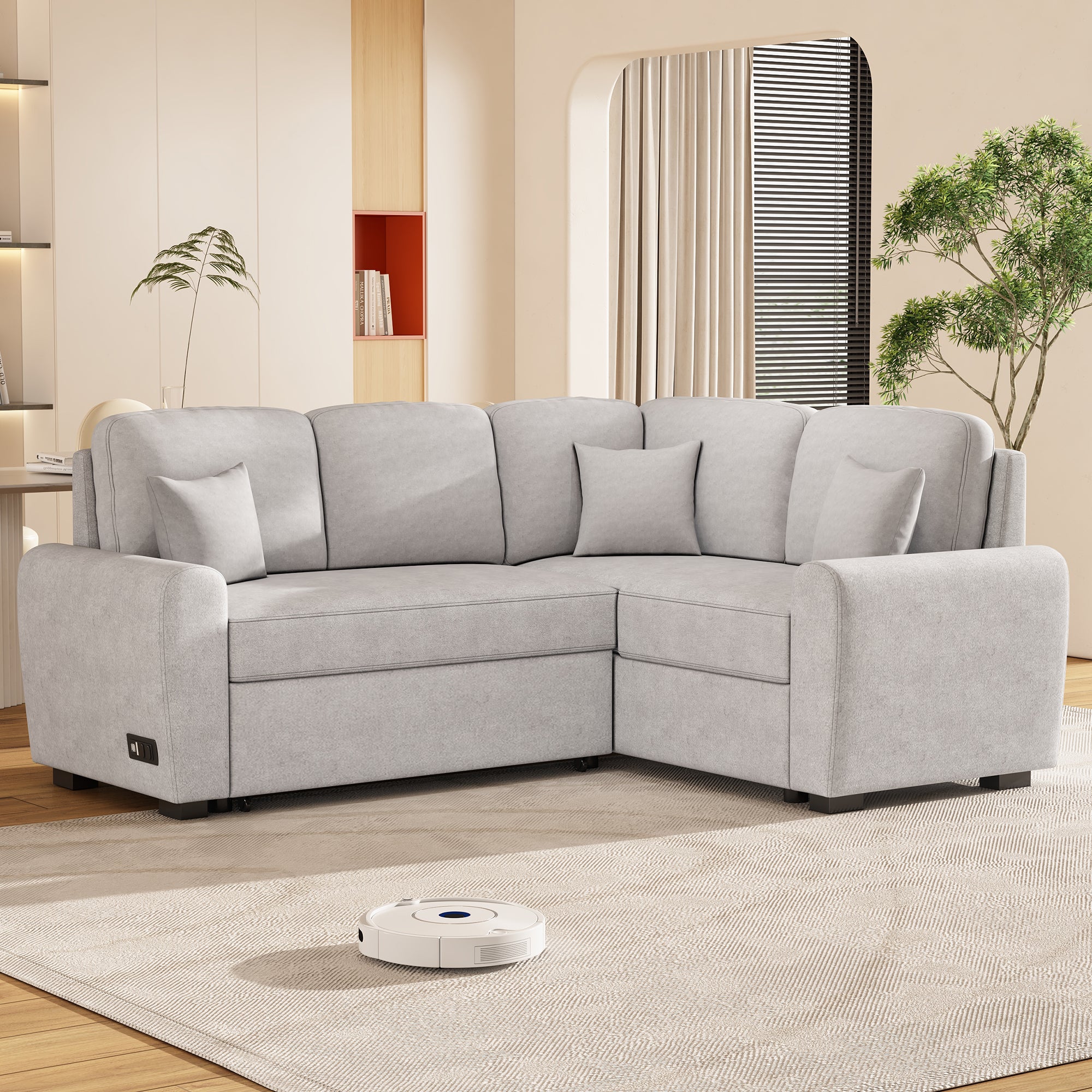 87.4"Sectional Sleeper Sofa with USB Charging Port and Plug Outlet Pull-Out Sofa Bed with 3 Pillows Grey