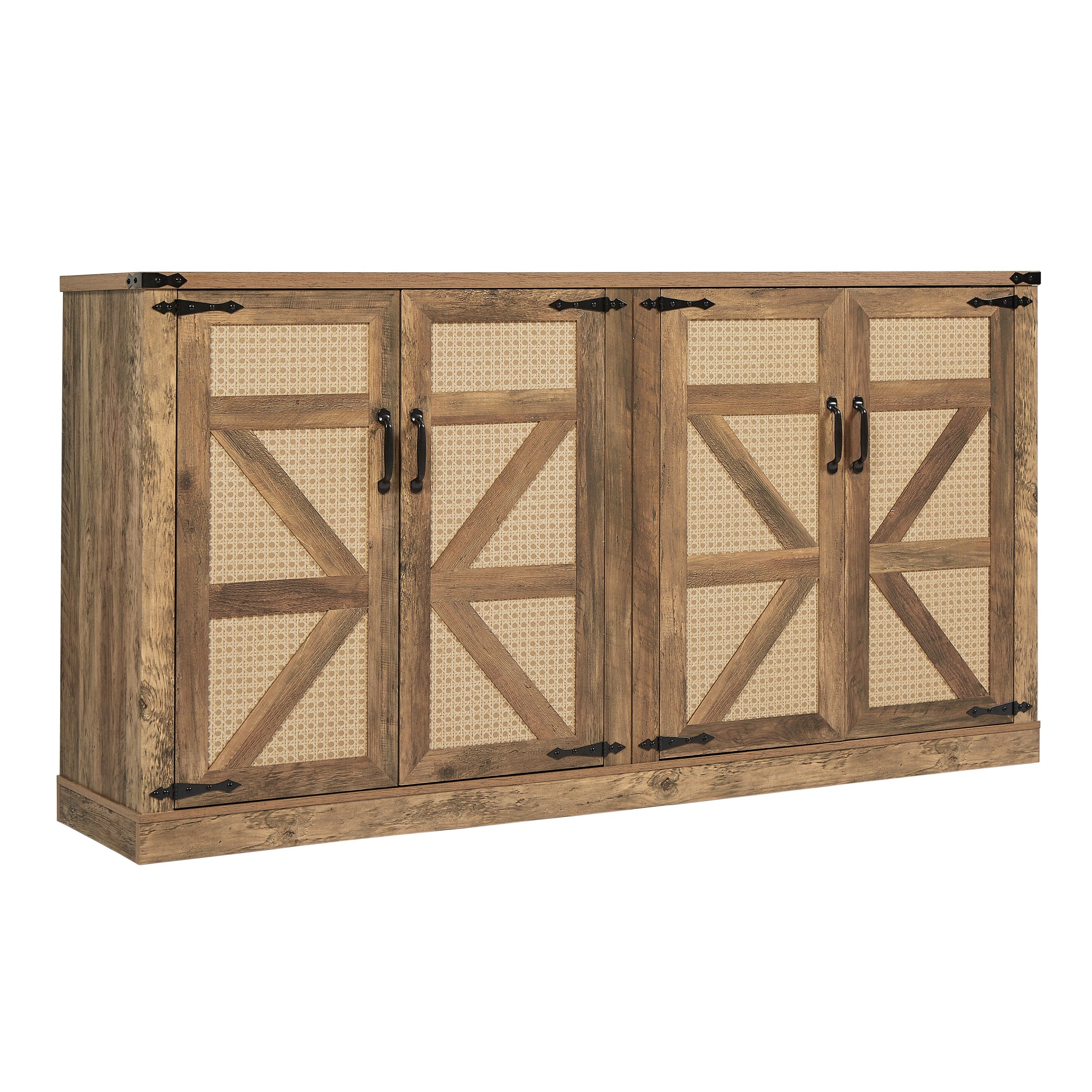 65-Inch Rustic Oak Color Faux Rattan Sideboard, Barn Door Rustic Style Sideboard, Living Room, Entryway, Bedroom