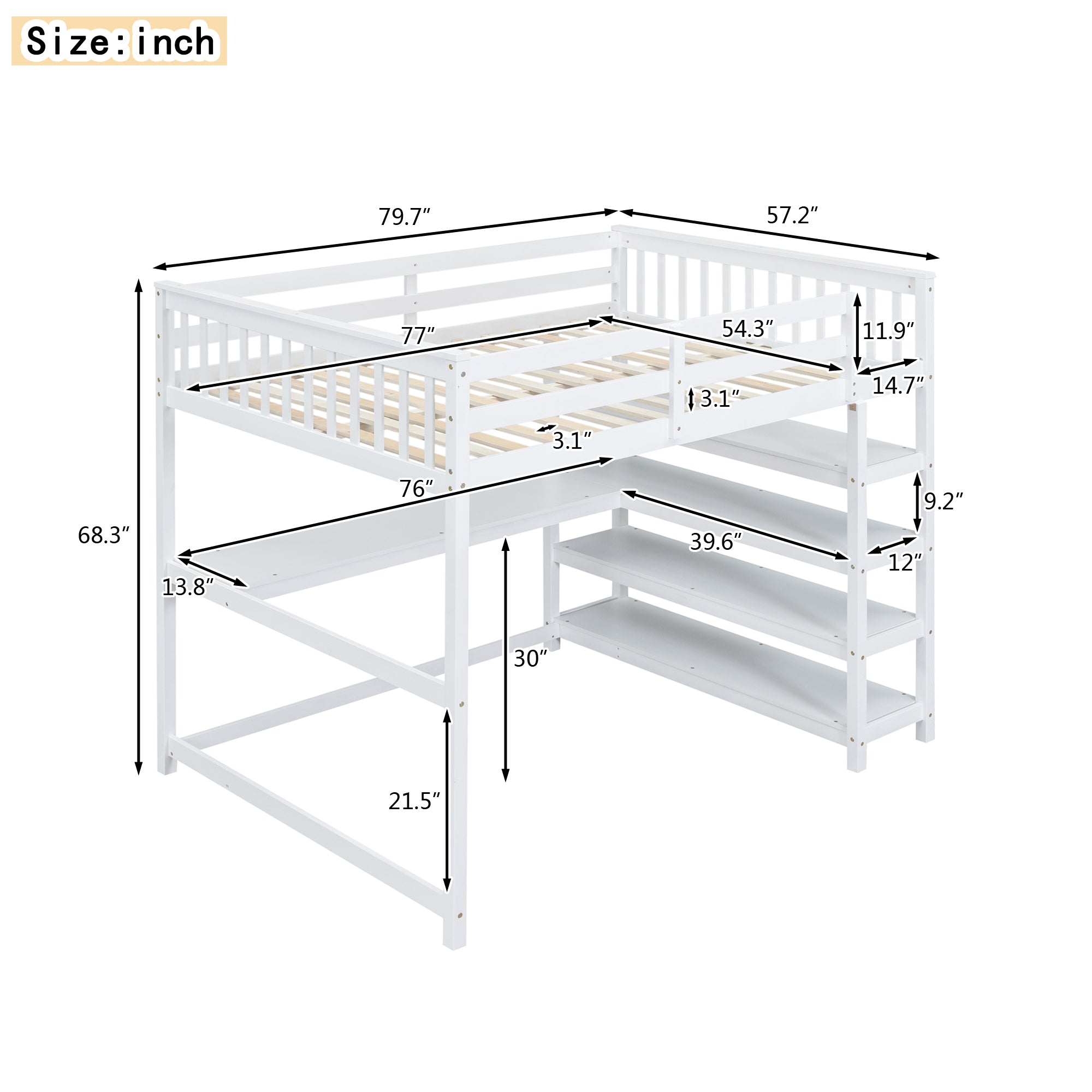 Full Size Loft Bed with Storage Shelves and Under-bed Desk  White