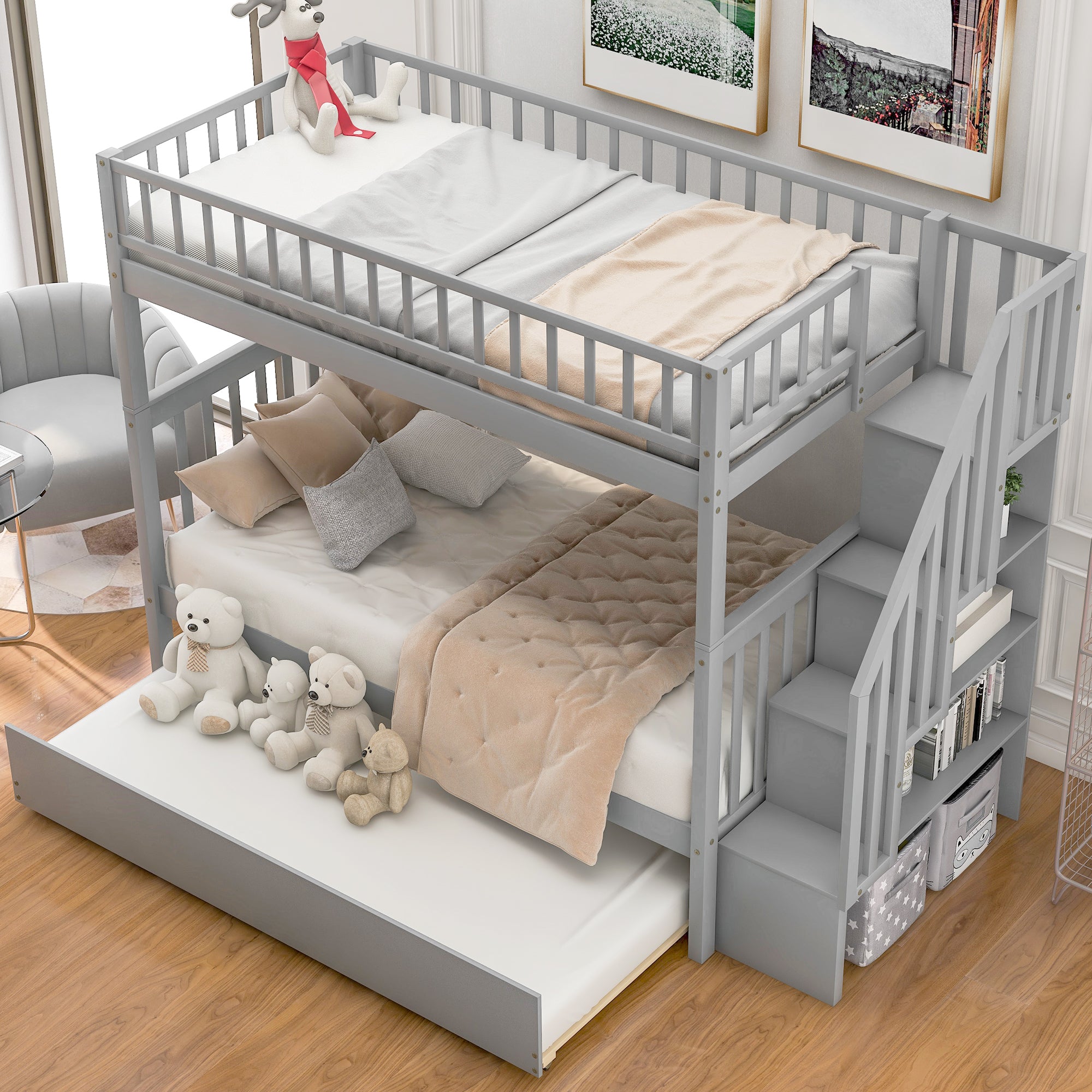 Twin over Twin Bunk Bed with Trundle and Storage  Gray