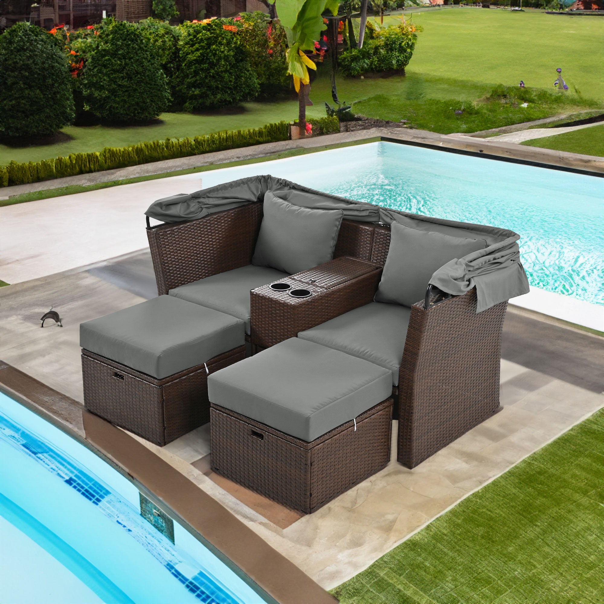 2-Seater Outdoor Patio Daybed Outdoor Double Daybed Outdoor Loveseat Sofa Set with Foldable Awning and Cushions